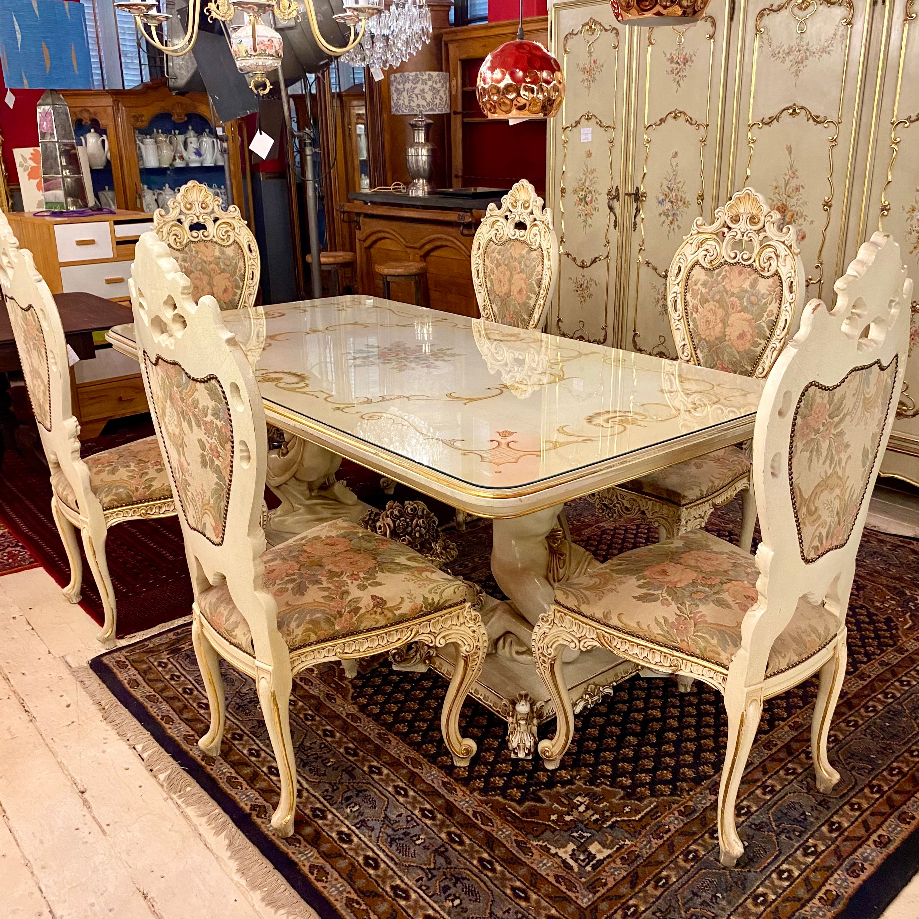Exquisite Italian Hand Painted and Gilt Dining Room Table Set