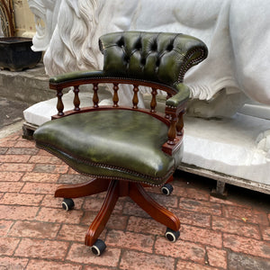 Beautiful Antique Green Leather Captain's Chair