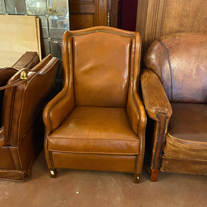 Vintage Tan Leather Armchair with Brass Studs