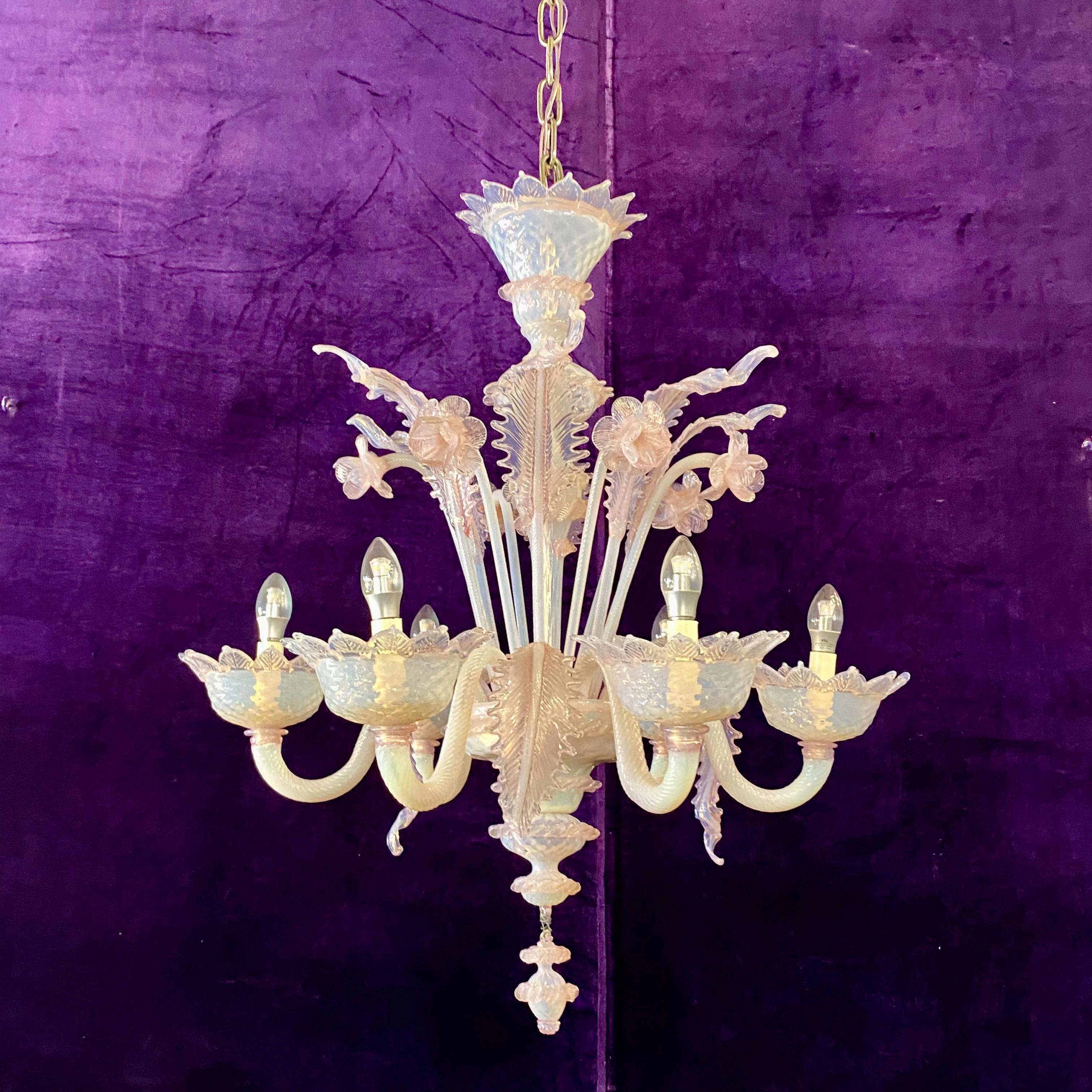 Absolutely Stunning and Unusual Milky Glass Pink Murano Chandelier