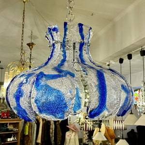 AV Mazzega Murano 'Ice Glass' Chandelier with Blue Swirl Panels, circa 1970s