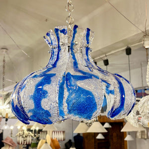 AV Mazzega Murano 'Ice Glass' Chandelier with Blue Swirl Panels, circa 1970s