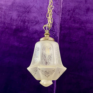 Antique Frosted Glass Pendant with Etched Design, c. 1920s