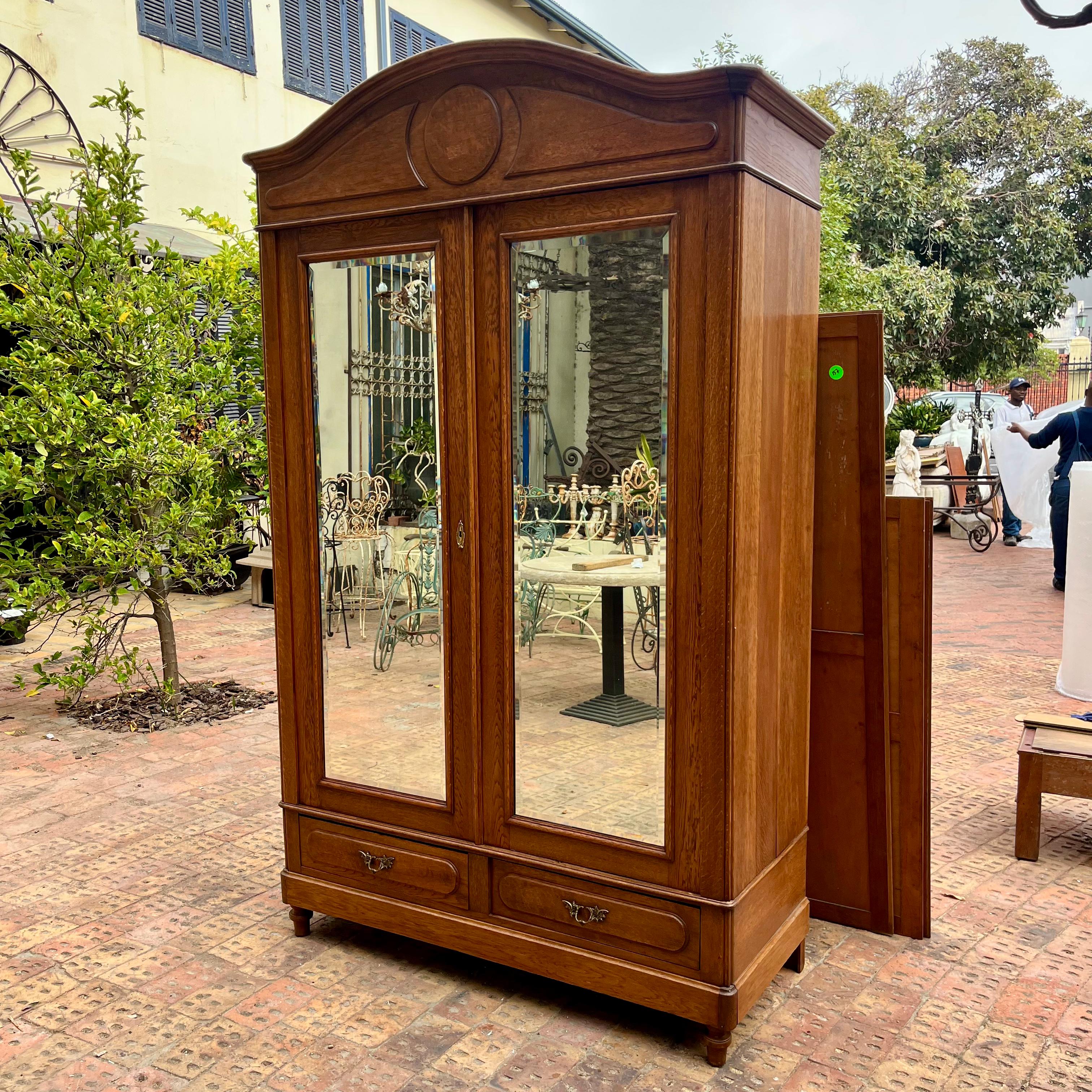 Tall Oak Armoire with Mirrored Doors, c. Early 20th Century