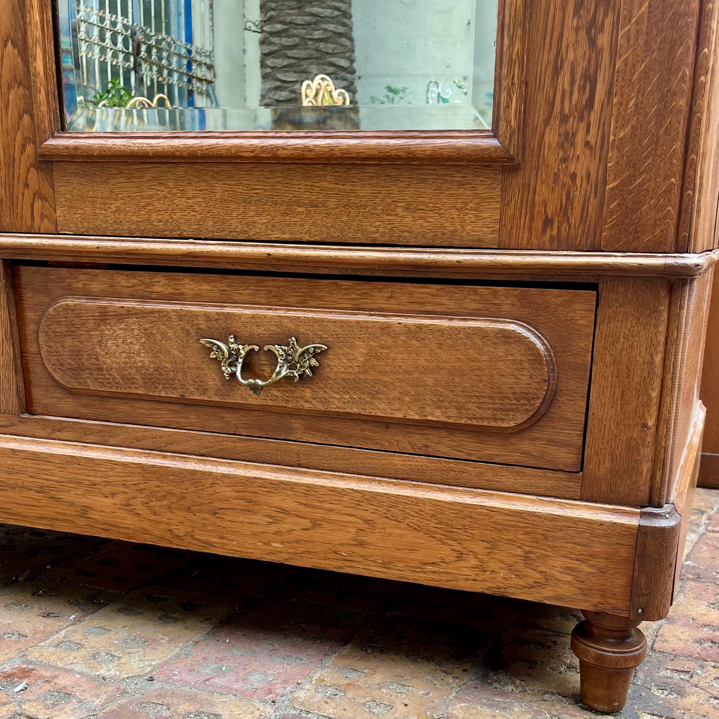 Tall Oak Armoire with Mirrored Doors, c. Early 20th Century