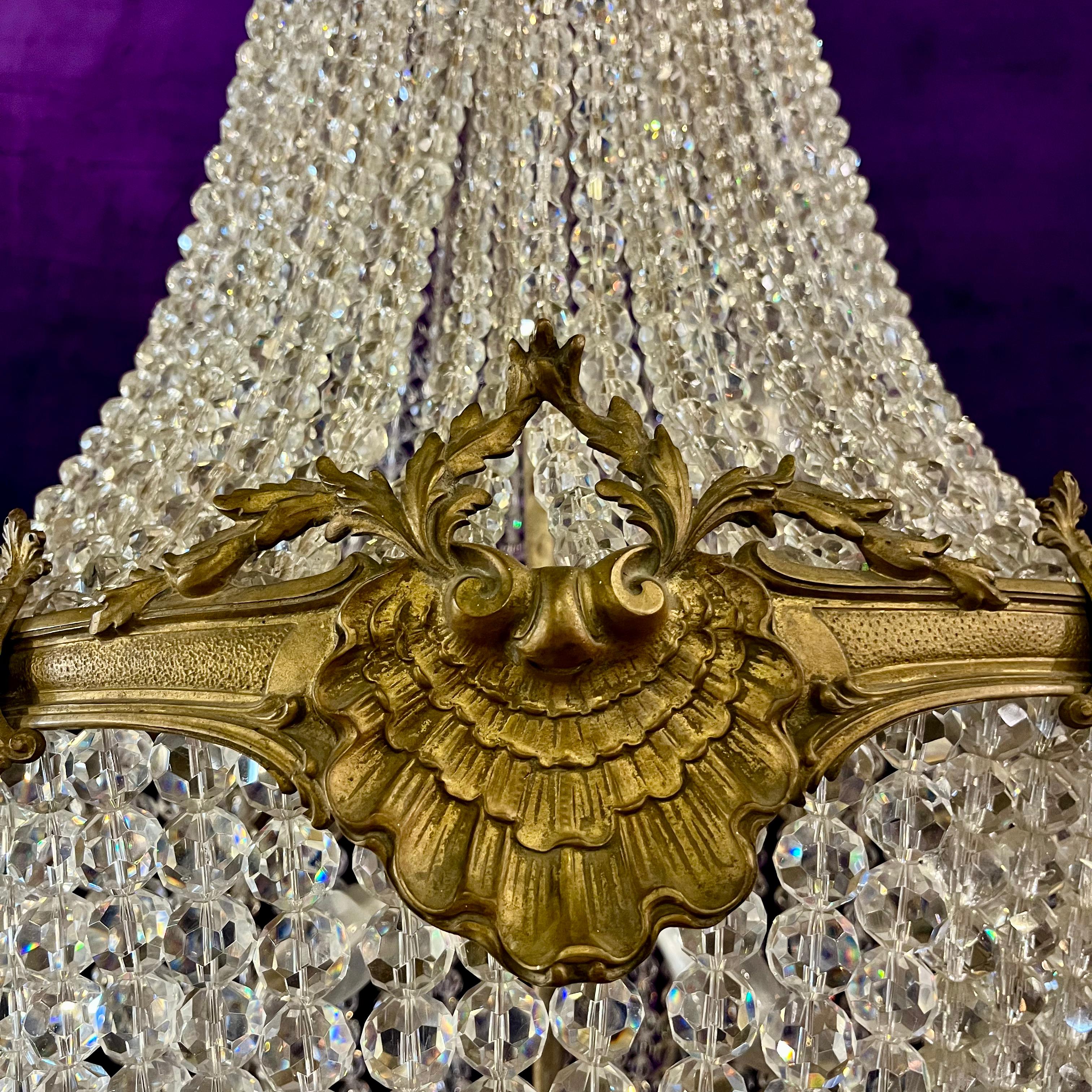 Rare Empire-Style Basket Chandelier with Cut Crystal and Gilded Brass, c. Late 19th Century
