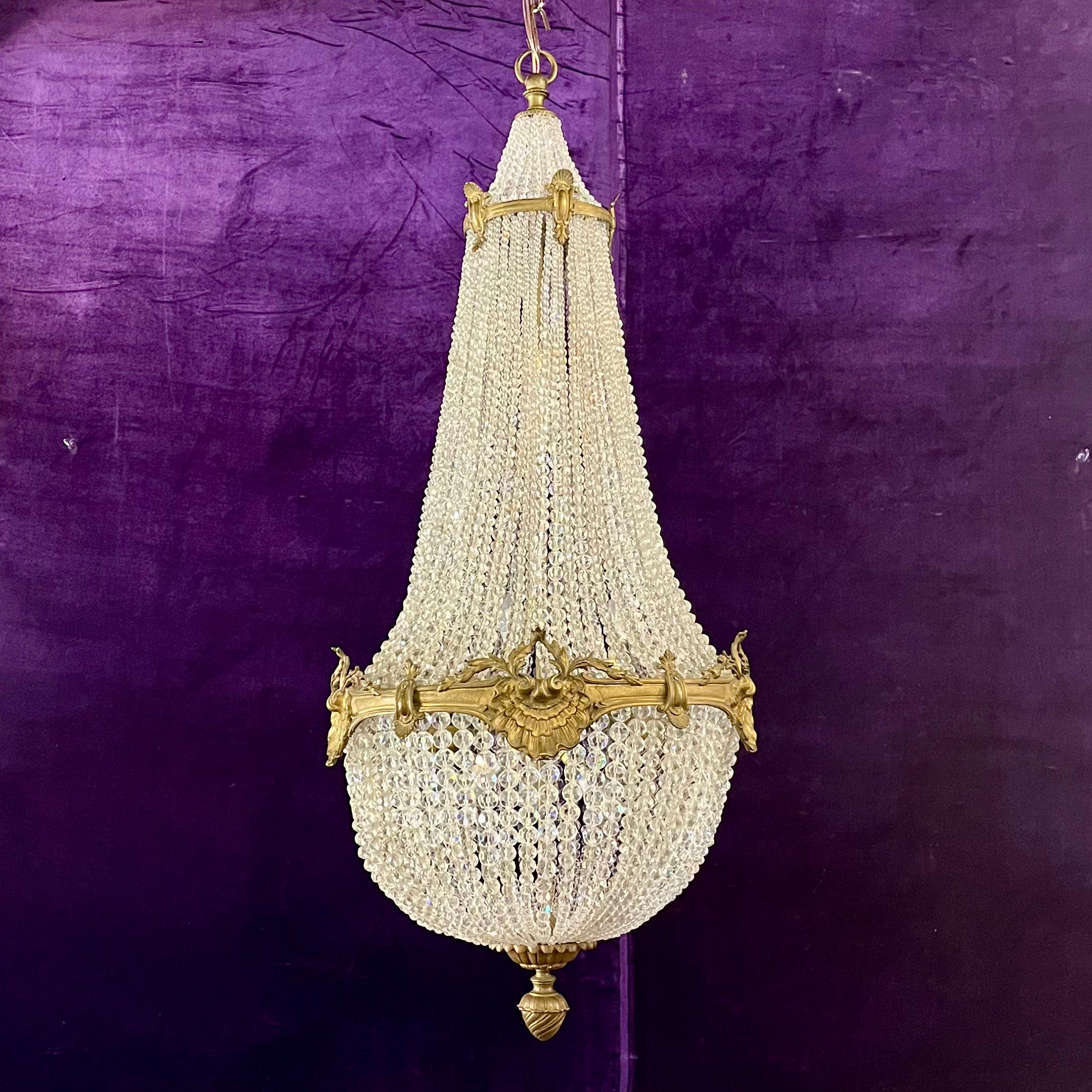 Rare Empire-Style Basket Chandelier with Cut Crystal and Gilded Brass, c. Late 19th Century