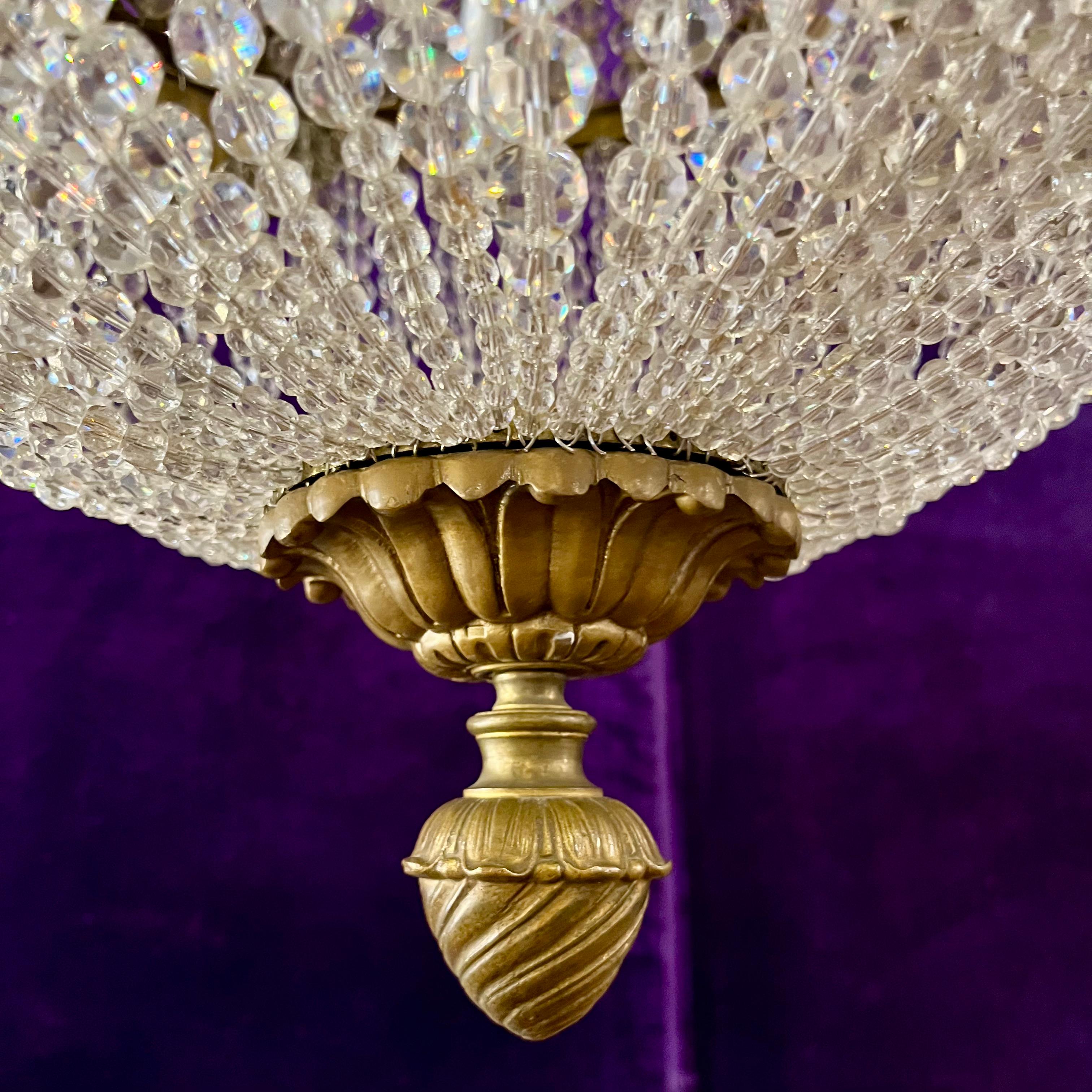 Rare Empire-Style Basket Chandelier with Cut Crystal and Gilded Brass, c. Late 19th Century