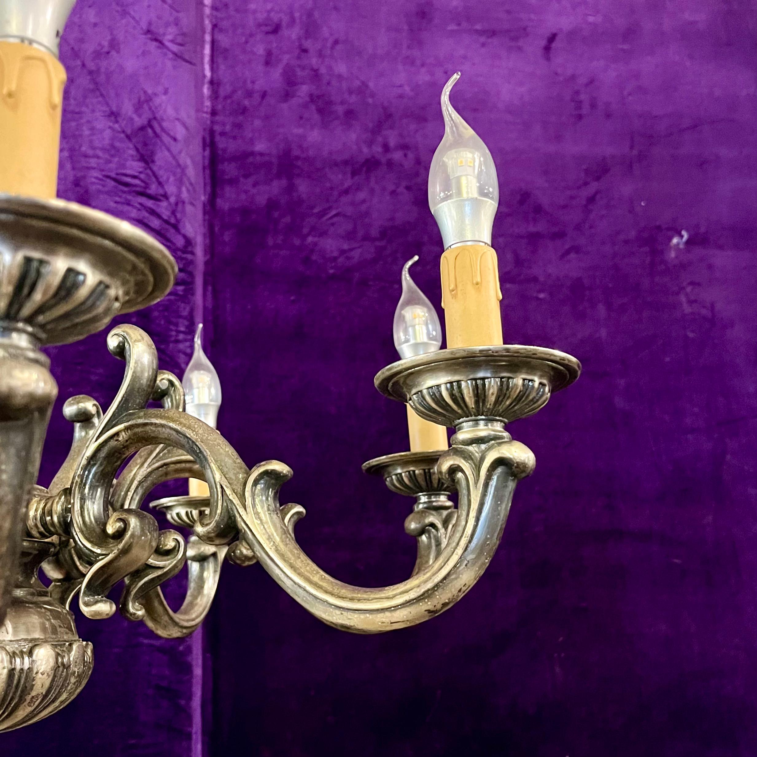 Antique Eight-Arm Silvered Brass Chandelier, France, Early 20th Century