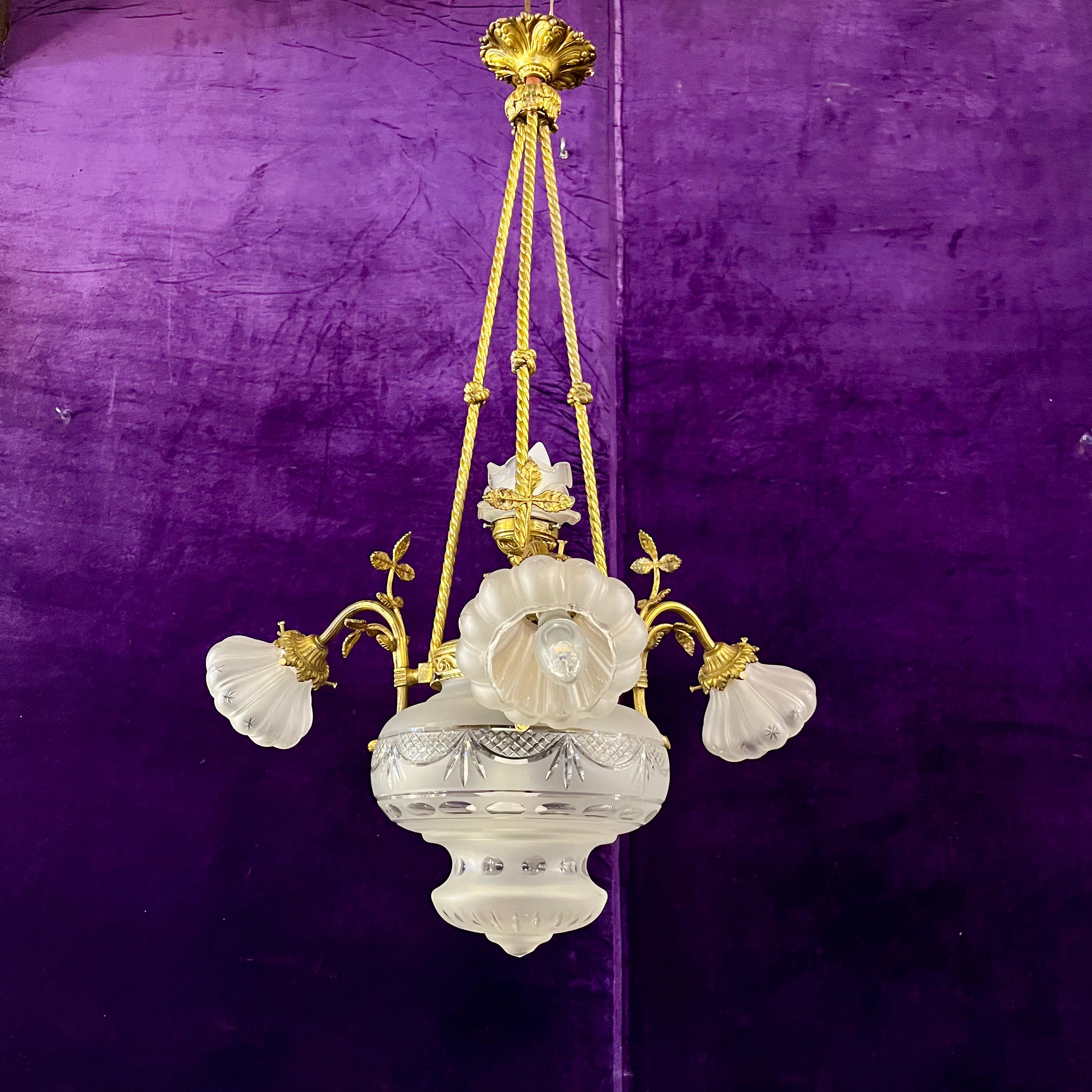 Empire Revival Gilt Bronze and Frosted Glass Chandelier, c. 1900