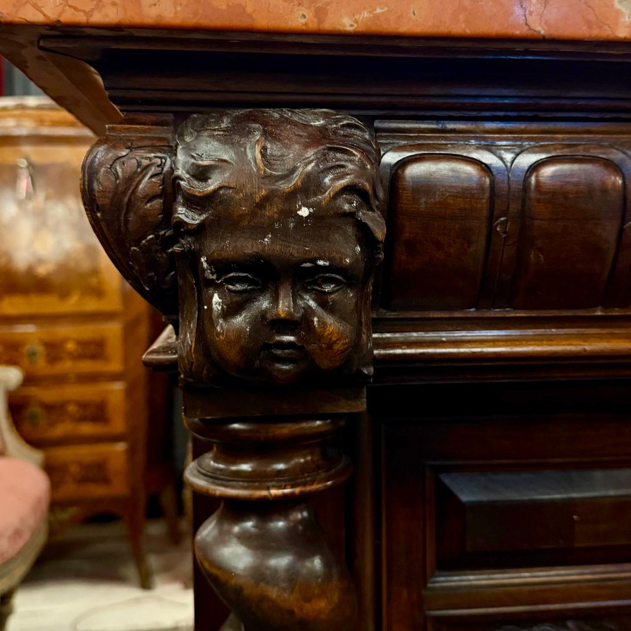 Large Walnut and Marble-Top Buffet with Carved Detail, c. Late 19th Century
