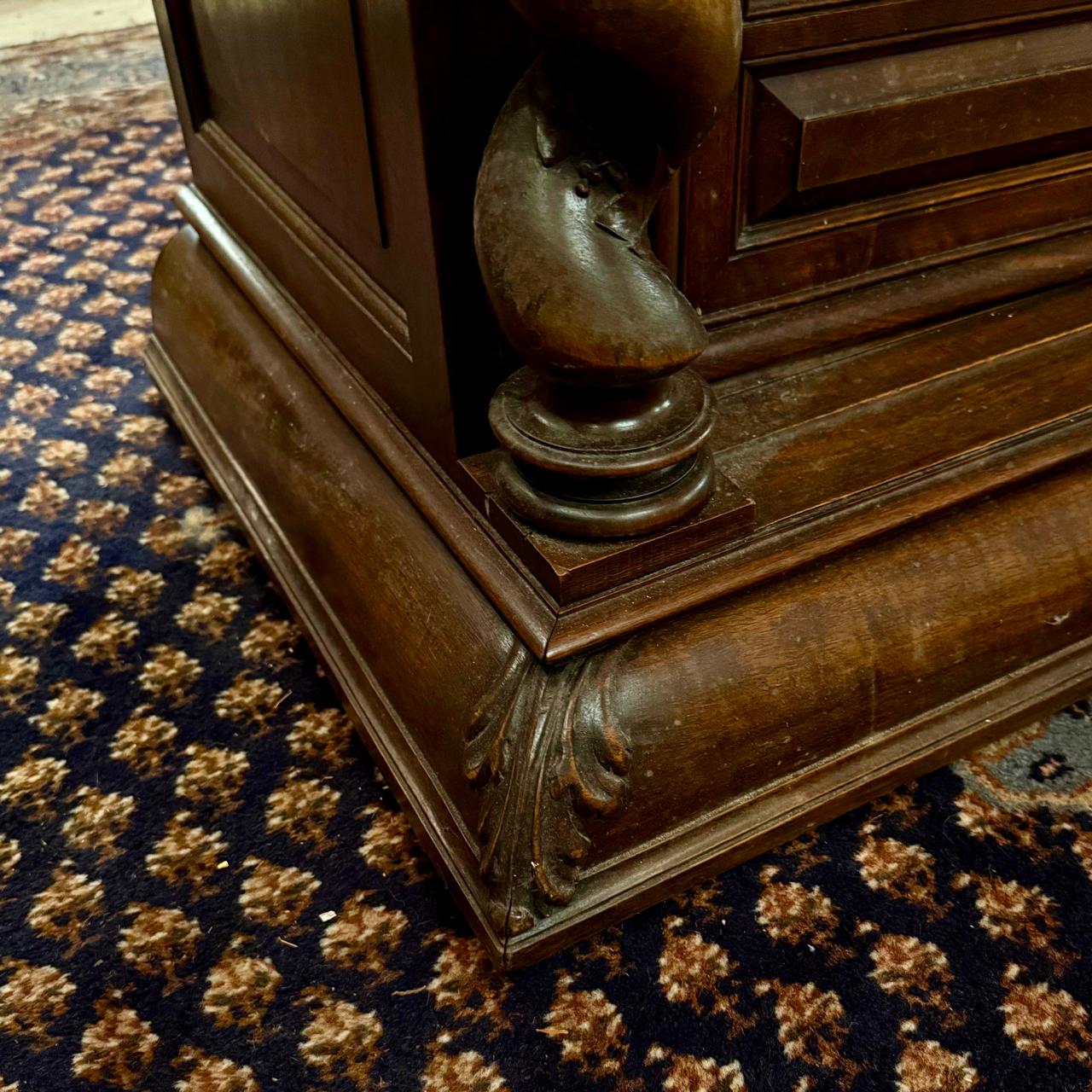 Large Walnut and Marble-Top Buffet with Carved Detail, c. Late 19th Century