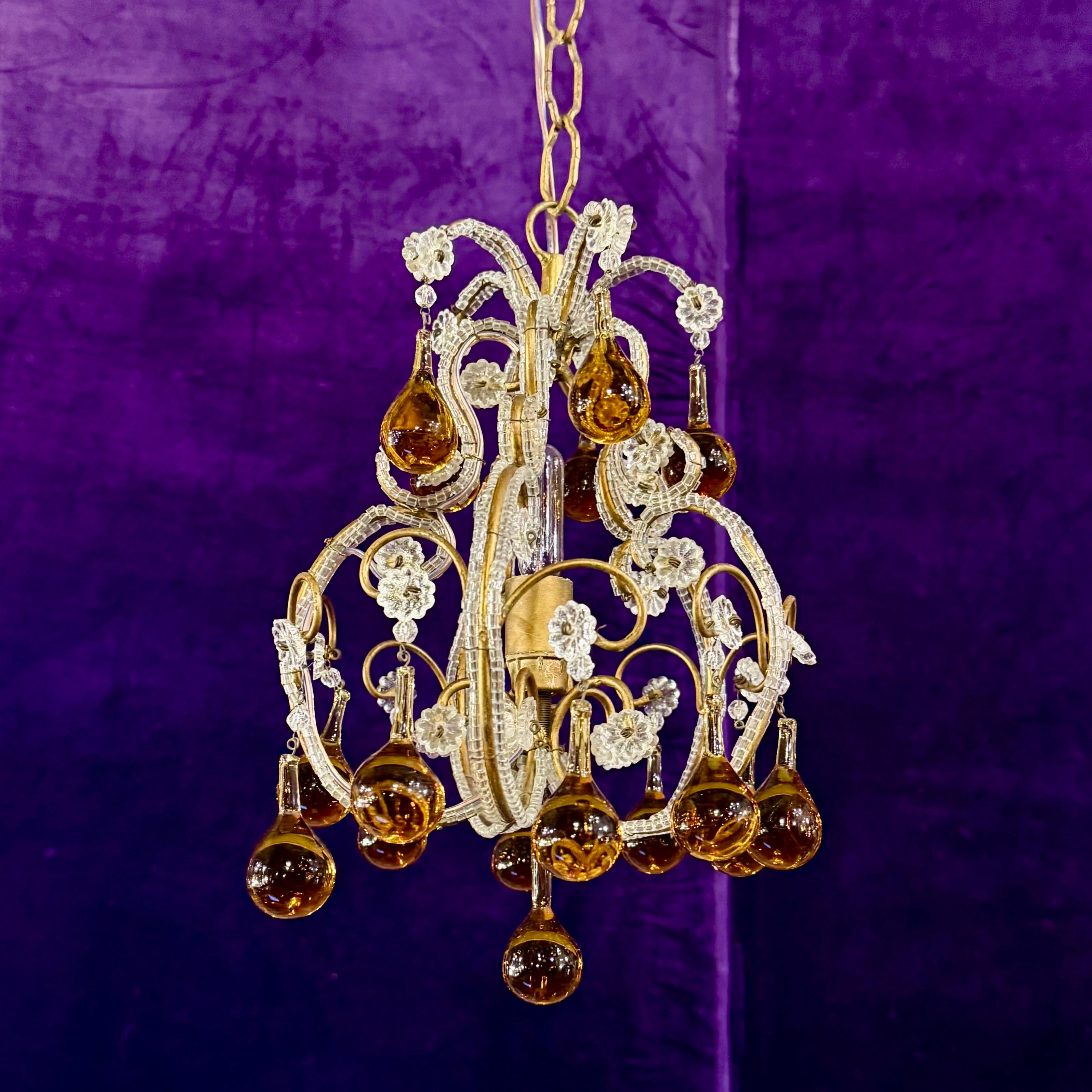 Cutest Mid-Century Italian Chandelier with Amber Drops and Macaroni Beading - SOLD