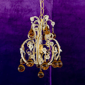 Cutest Mid-Century Italian Chandelier with Amber Drops and Macaroni Beading - SOLD
