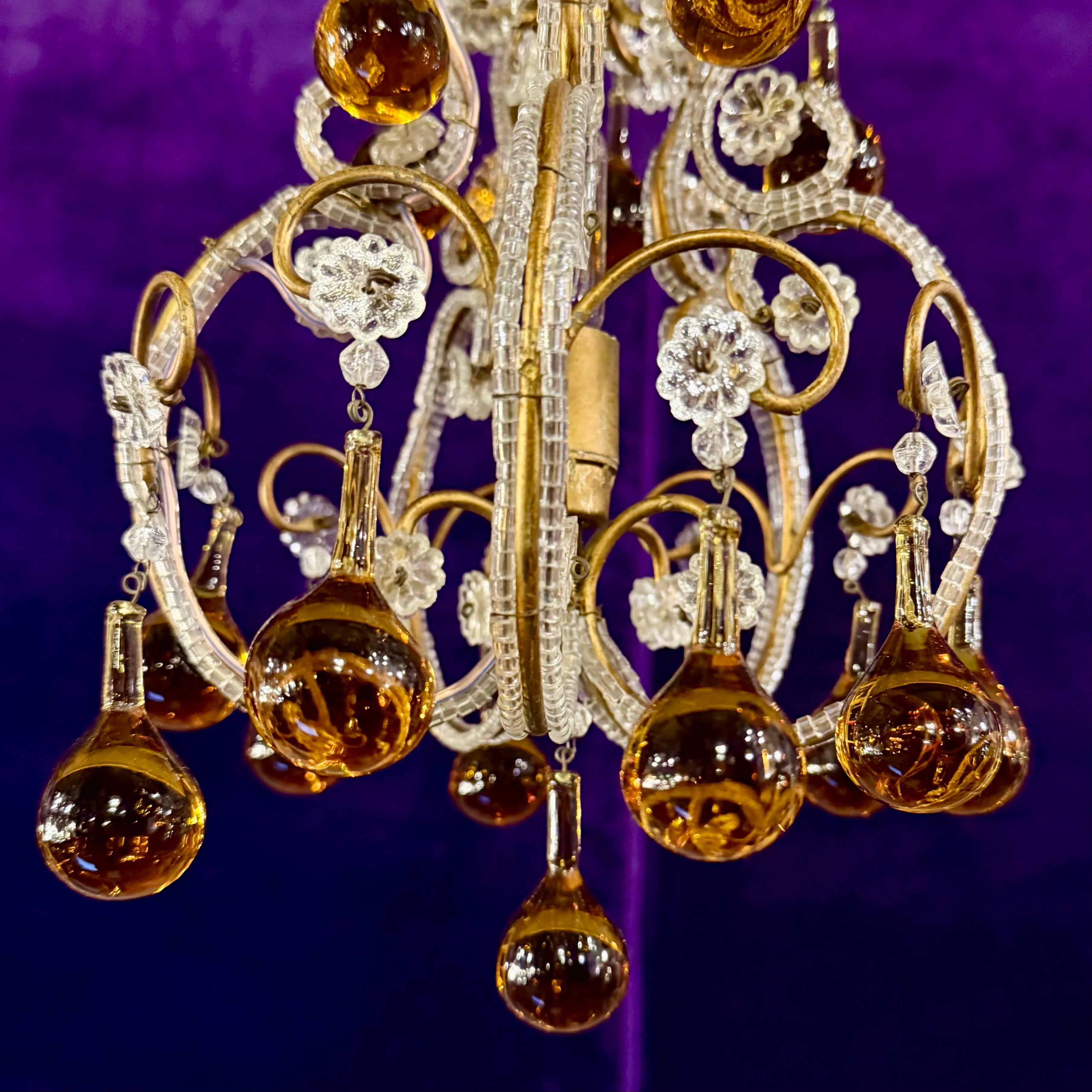 Cutest Mid-Century Italian Chandelier with Amber Drops and Macaroni Beading - SOLD