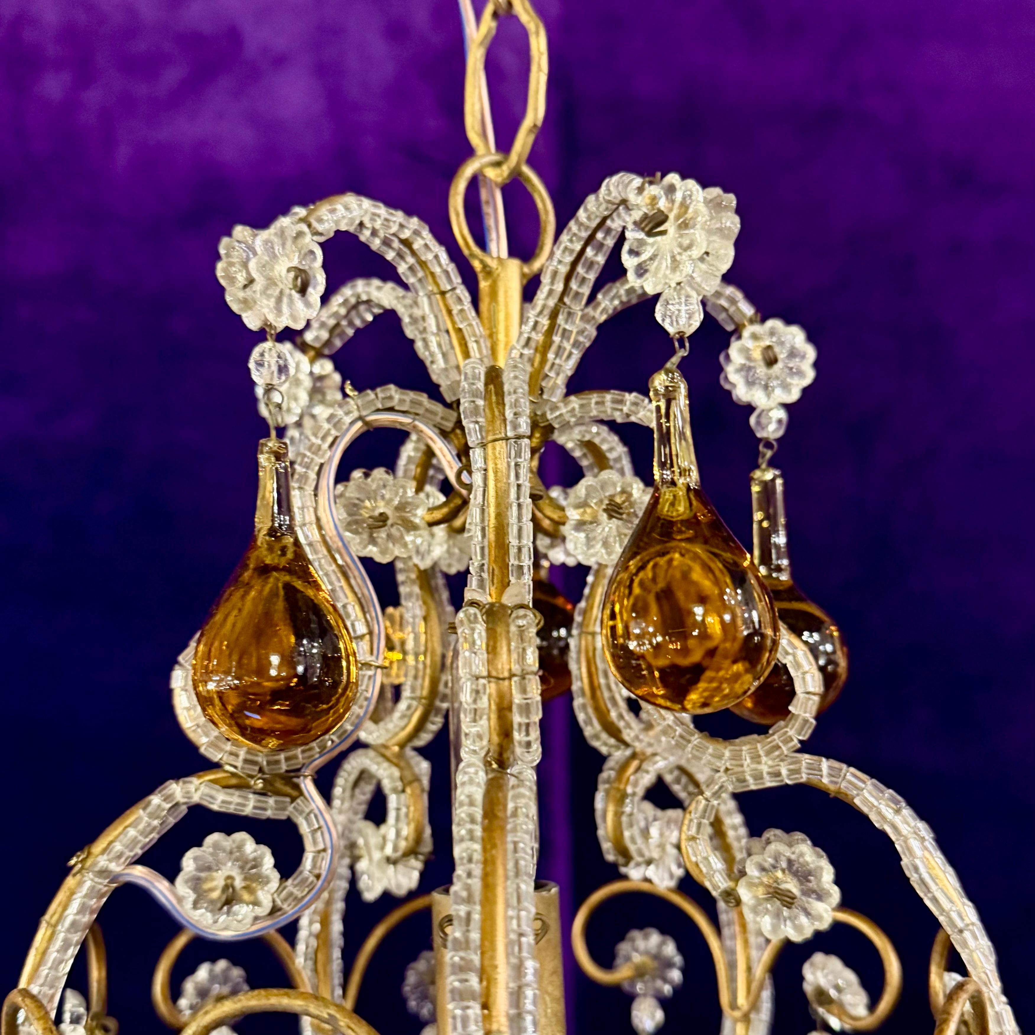 Cutest Mid-Century Italian Chandelier with Amber Drops and Macaroni Beading - SOLD