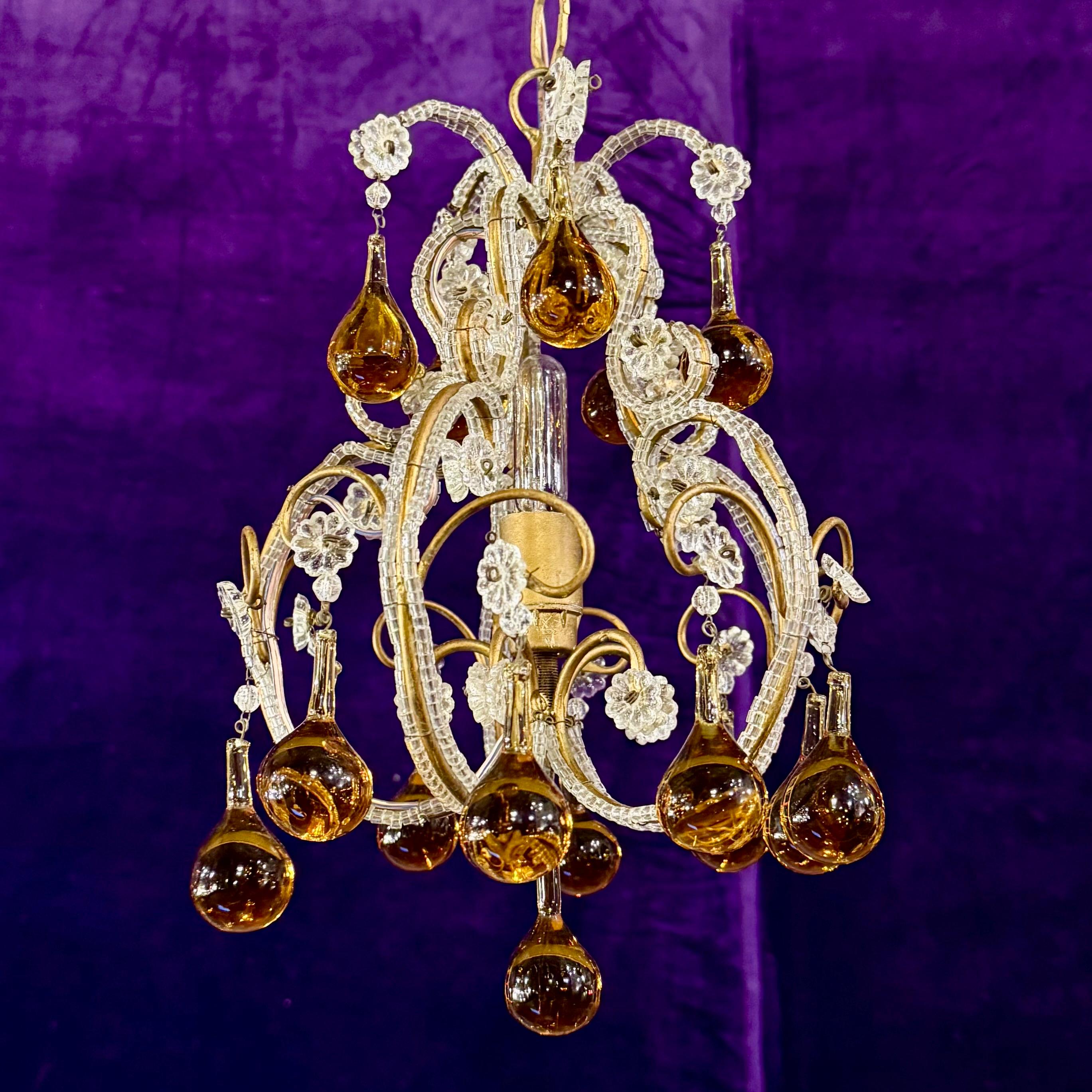 Cutest Mid-Century Italian Chandelier with Amber Drops and Macaroni Beading - SOLD