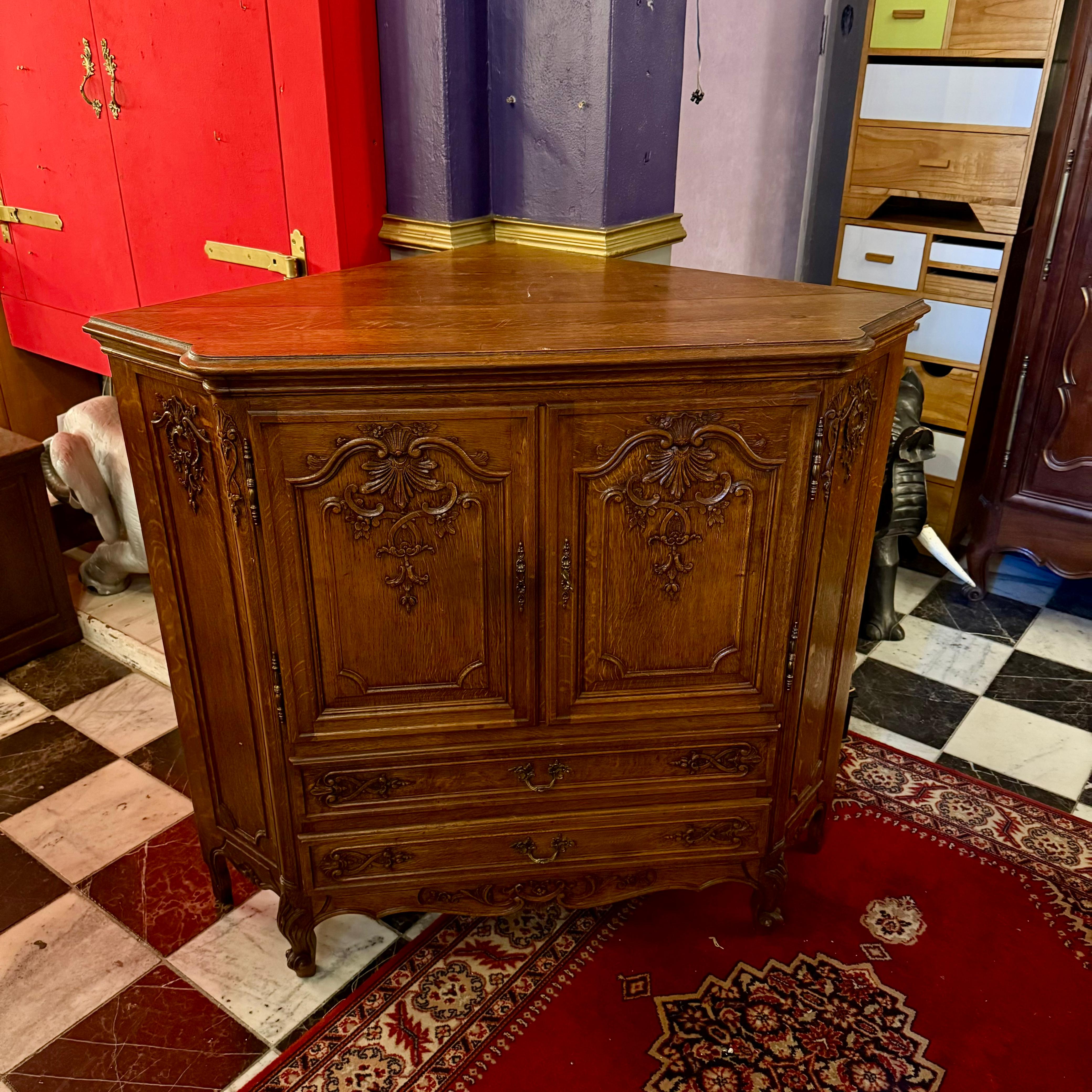 Carved French Oak Corner Cabinet with Drop-Down Shelf, c. Early 20th Century
