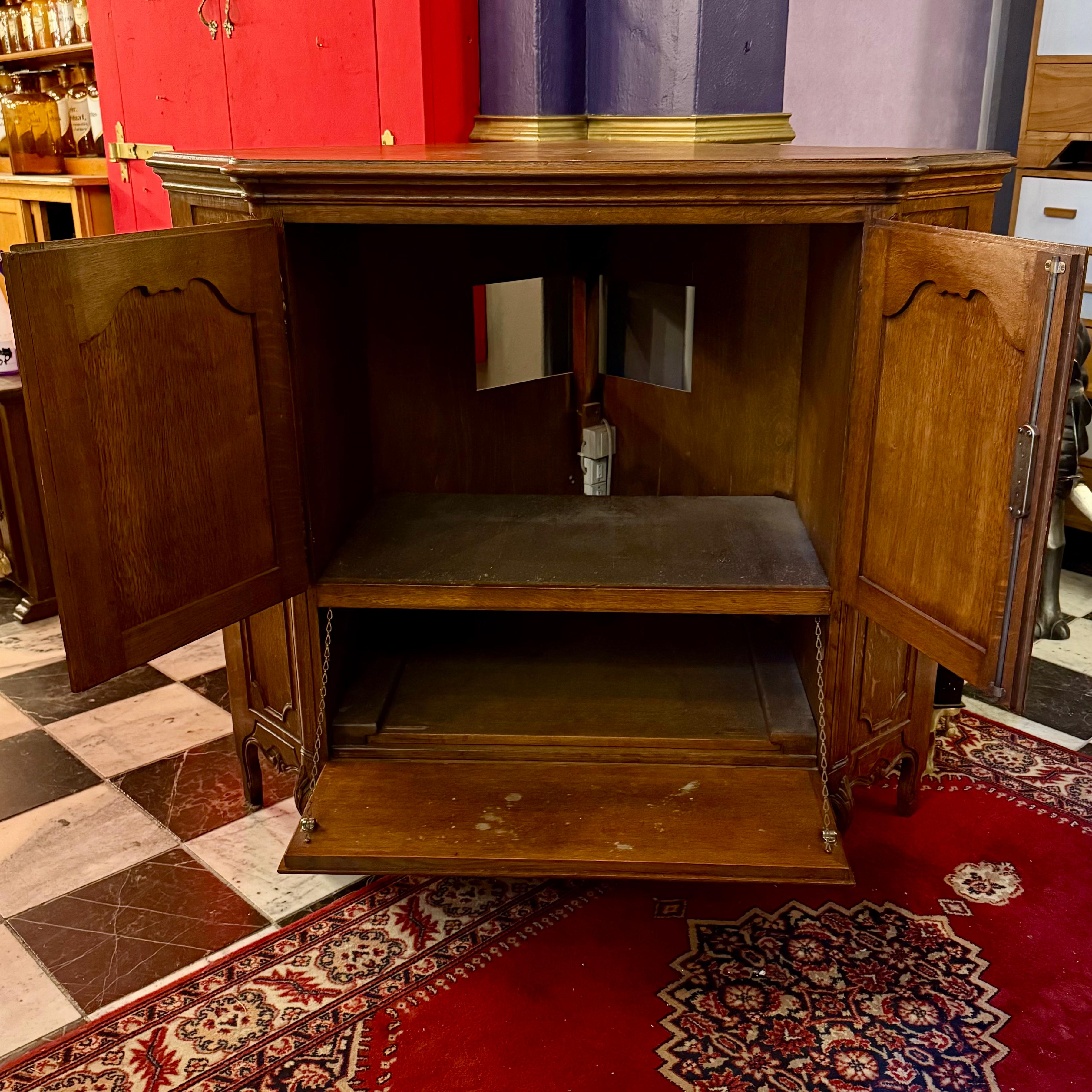 Carved French Oak Corner Cabinet with Drop-Down Shelf, c. Early 20th Century