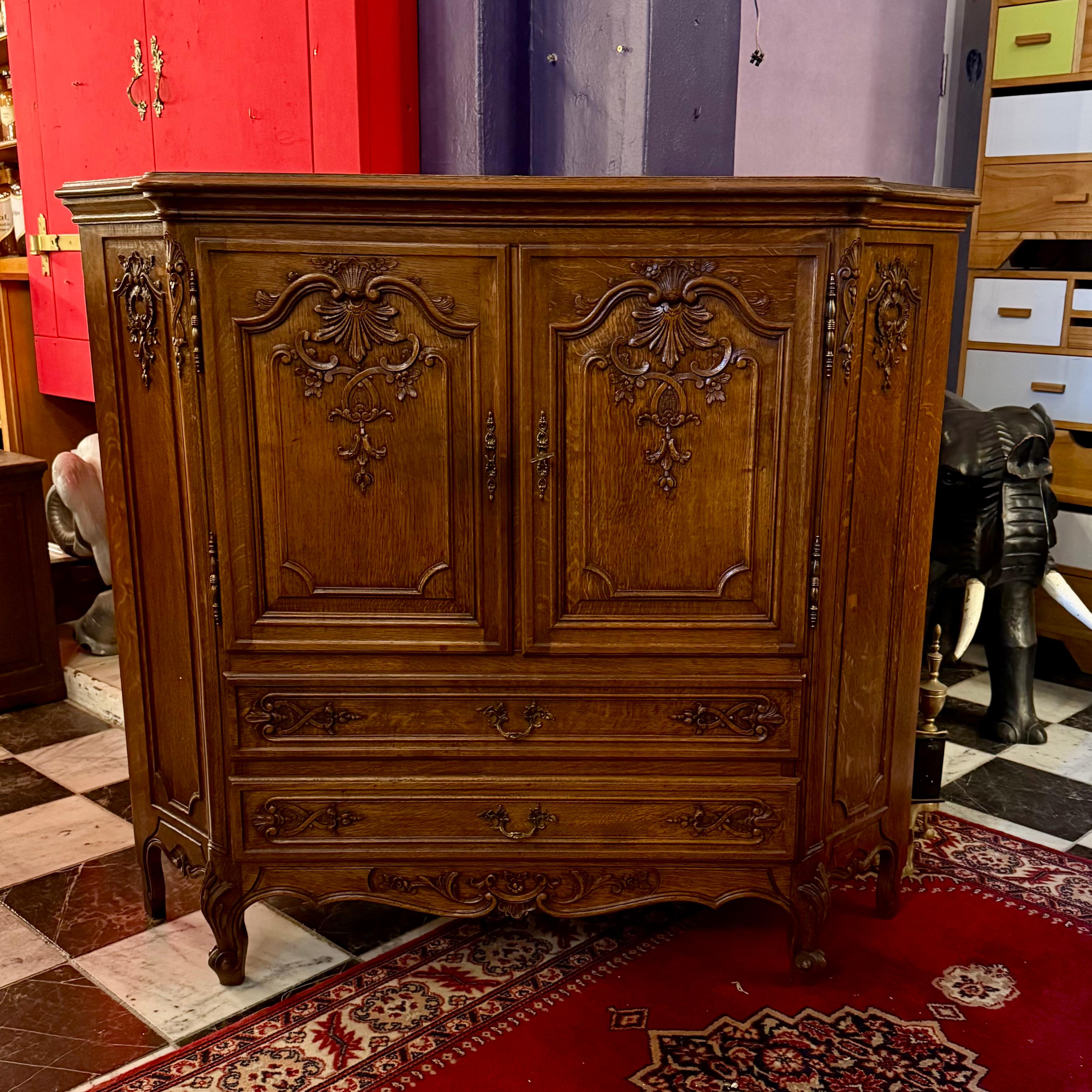 Carved French Oak Corner Cabinet with Drop-Down Shelf, c. Early 20th Century