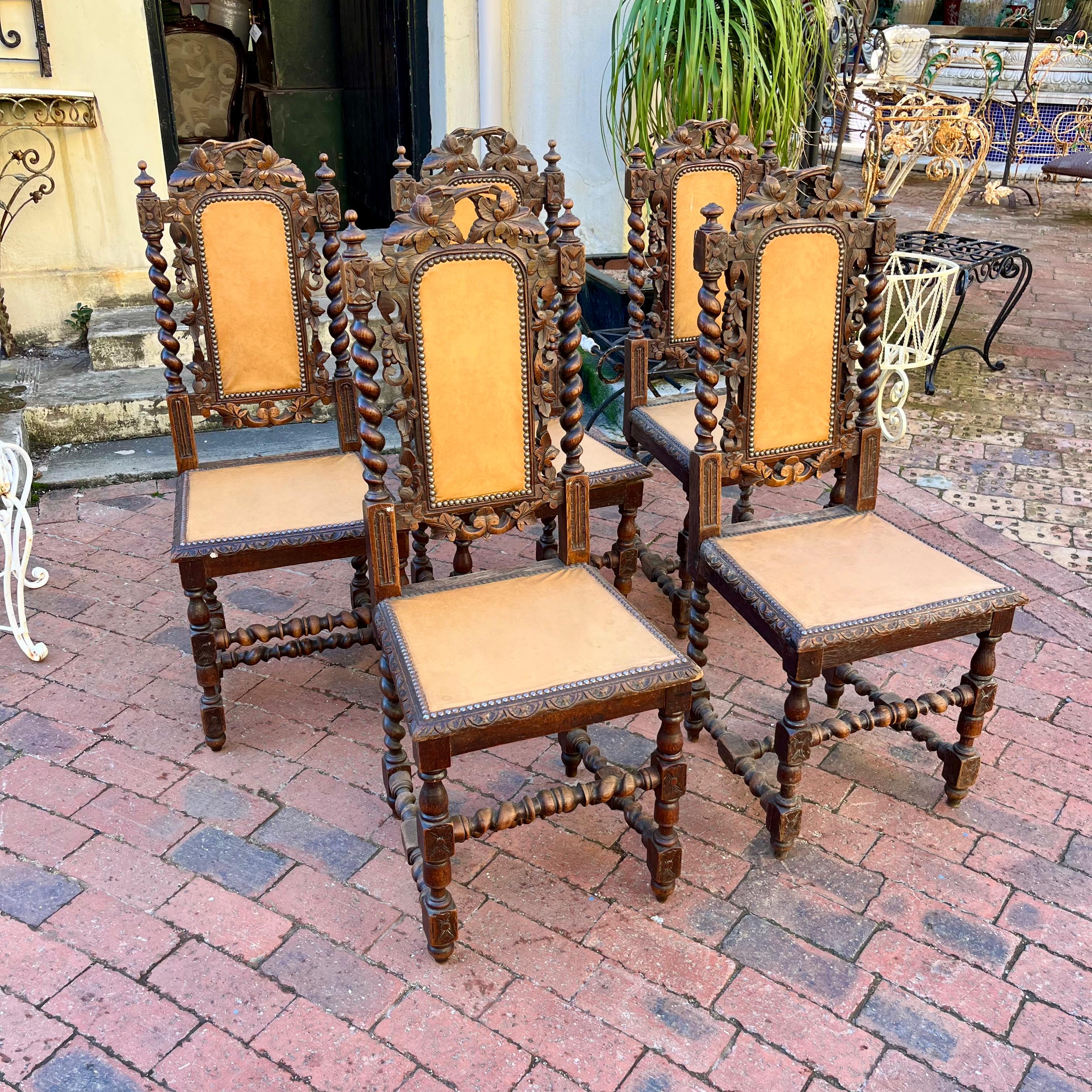 Set of 5 Antique Carved Oak Dining Chairs
