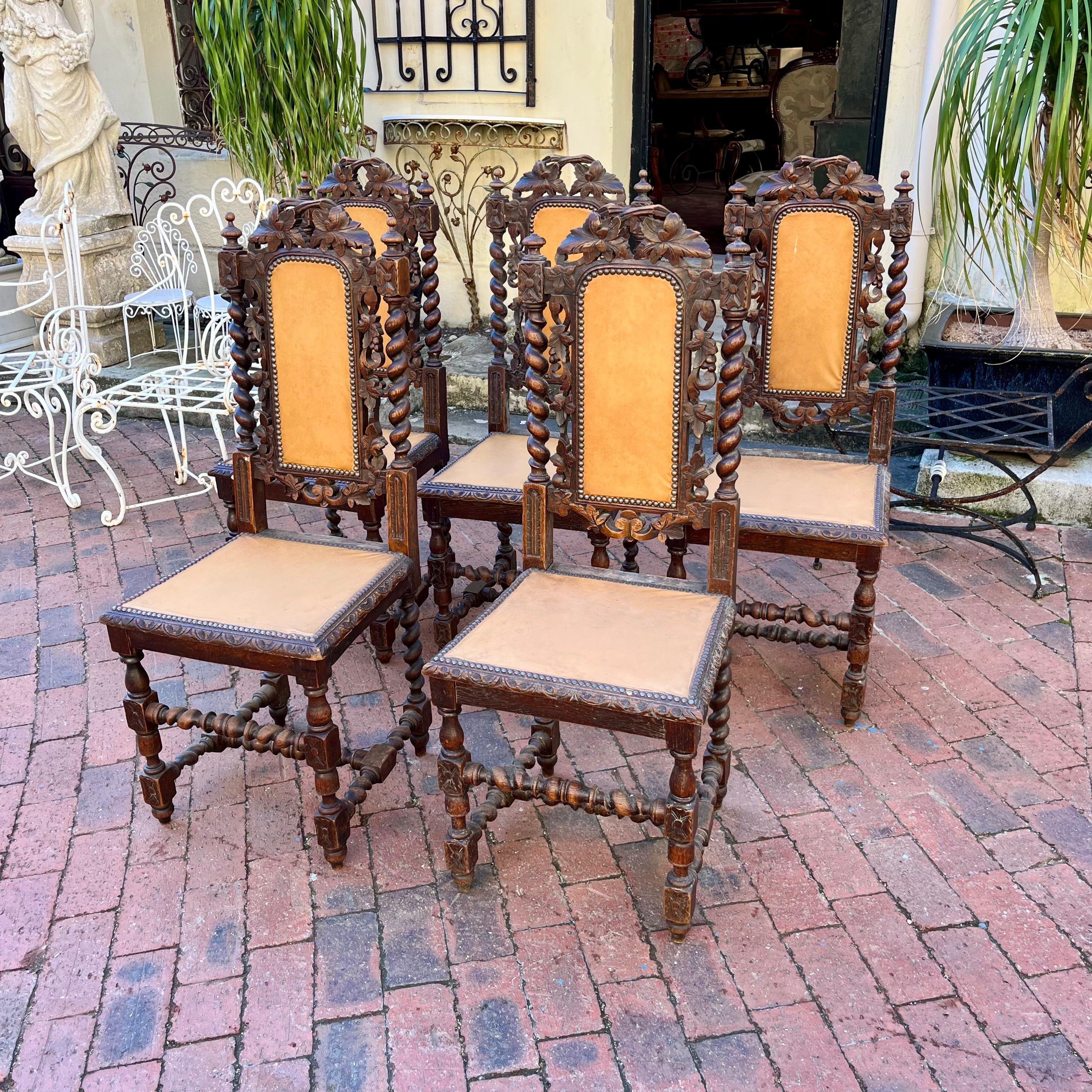 Set of 5 Antique Carved Oak Dining Chairs