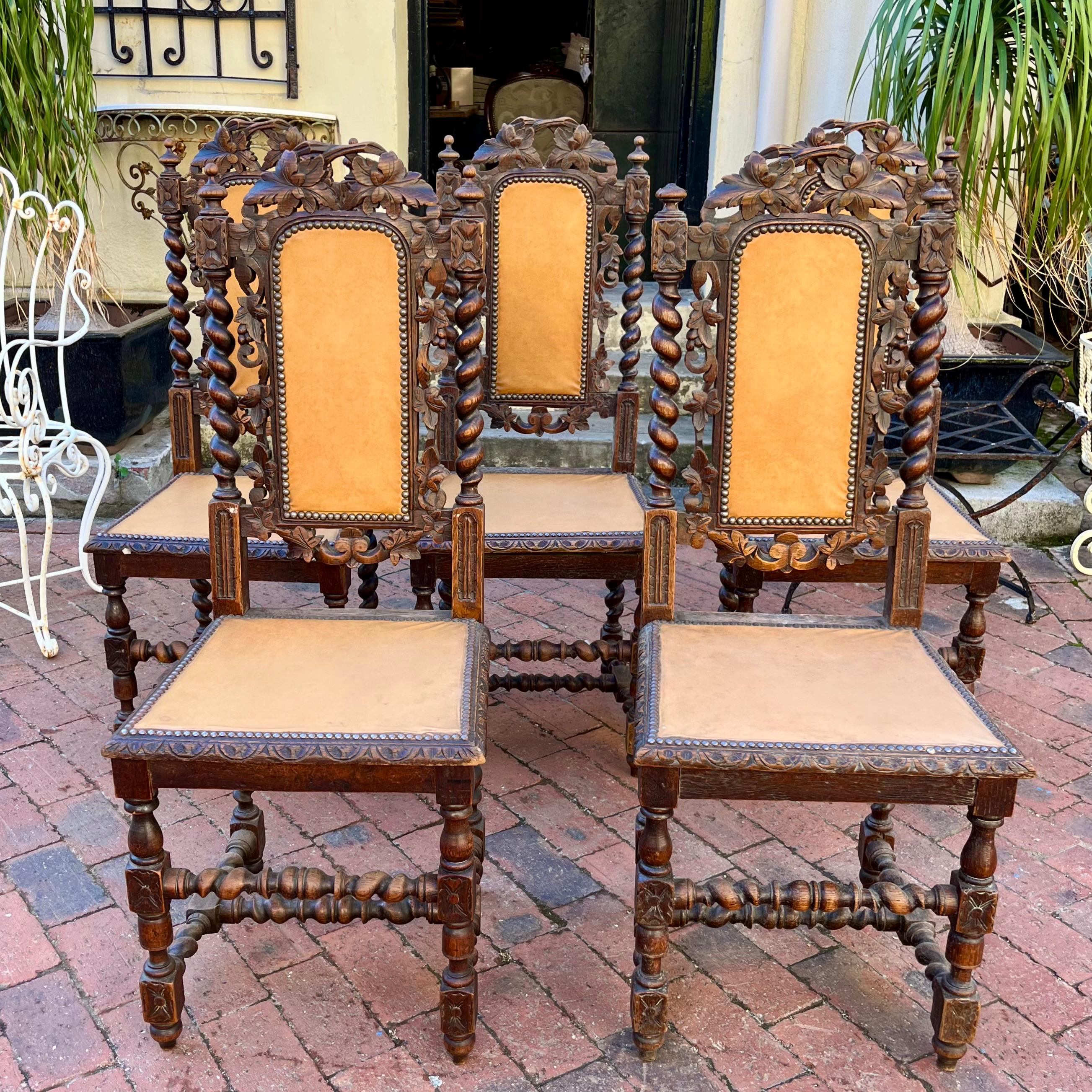 Set of 5 Antique Carved Oak Dining Chairs