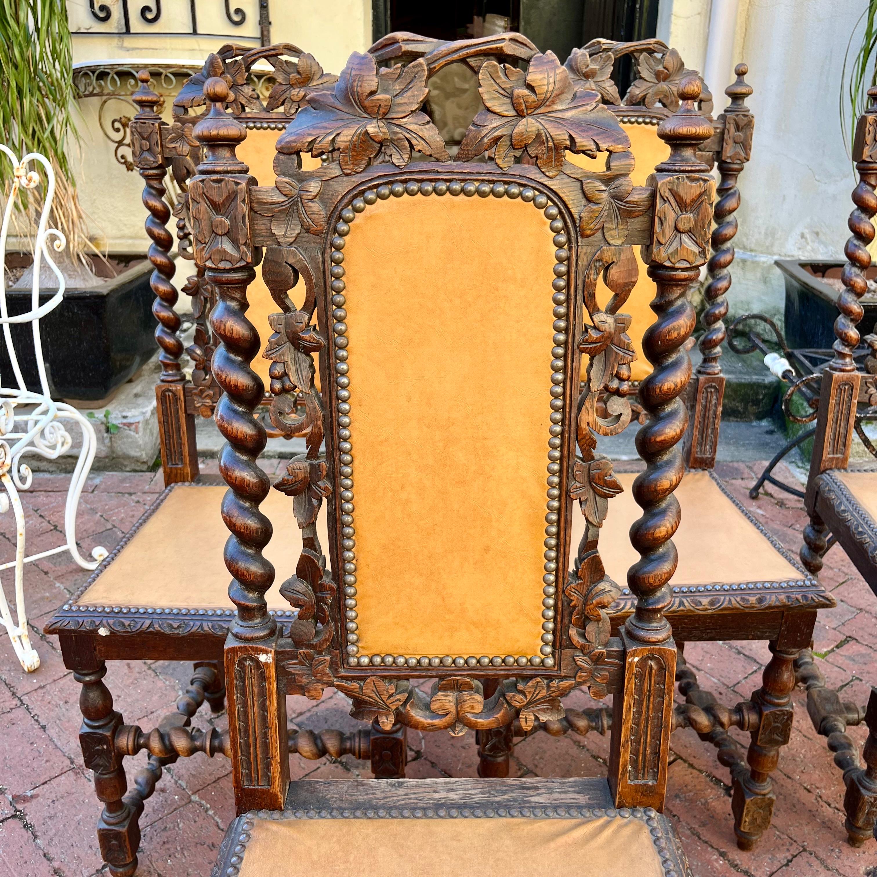 Set of 5 Antique Carved Oak Dining Chairs