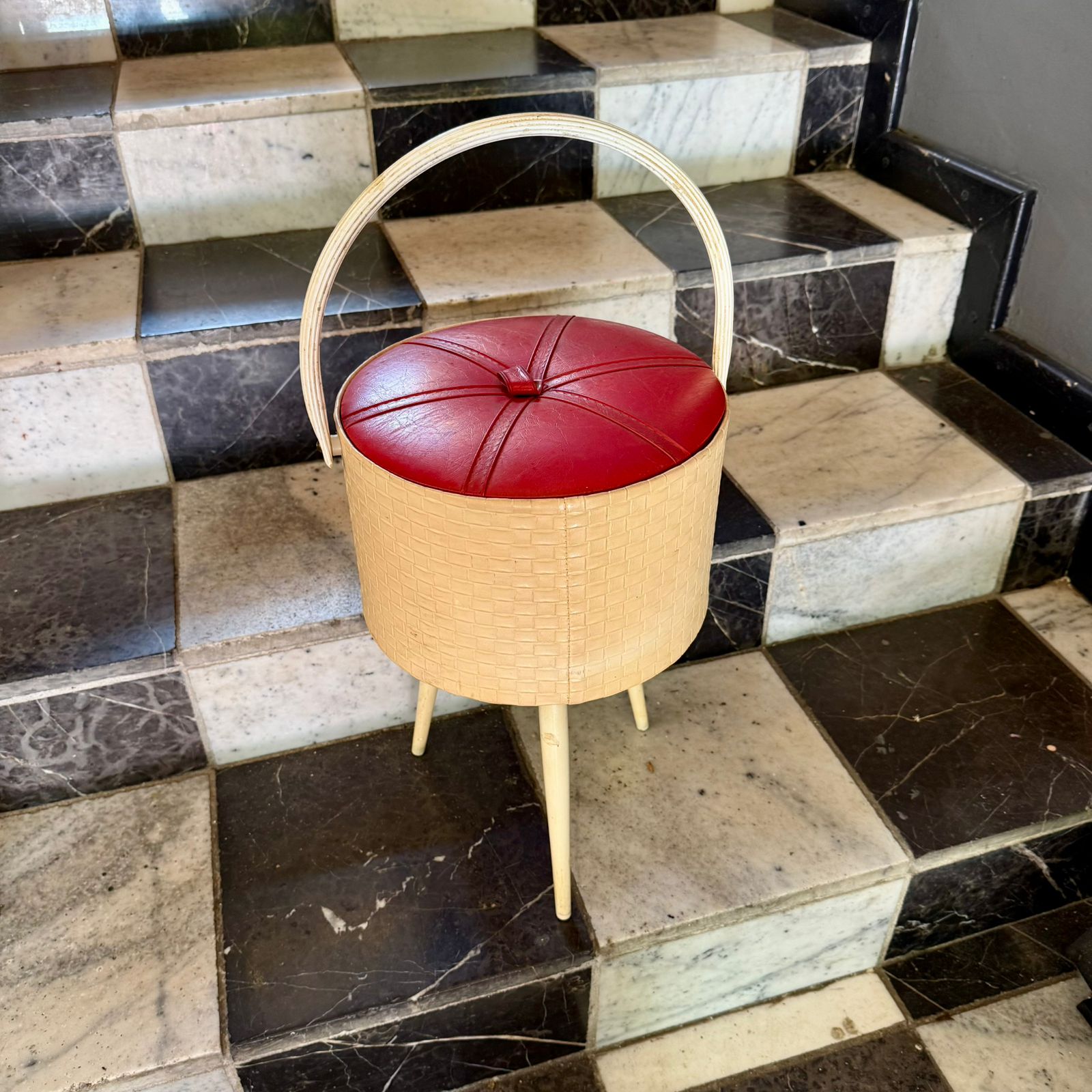 Mid-Century Woven Sewing Box with Red Vinyl Lid, European, c.1960s