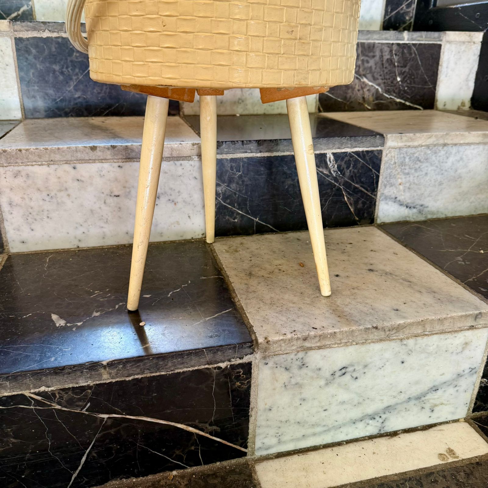 Mid-Century Woven Sewing Box with Red Vinyl Lid, European, c.1960s