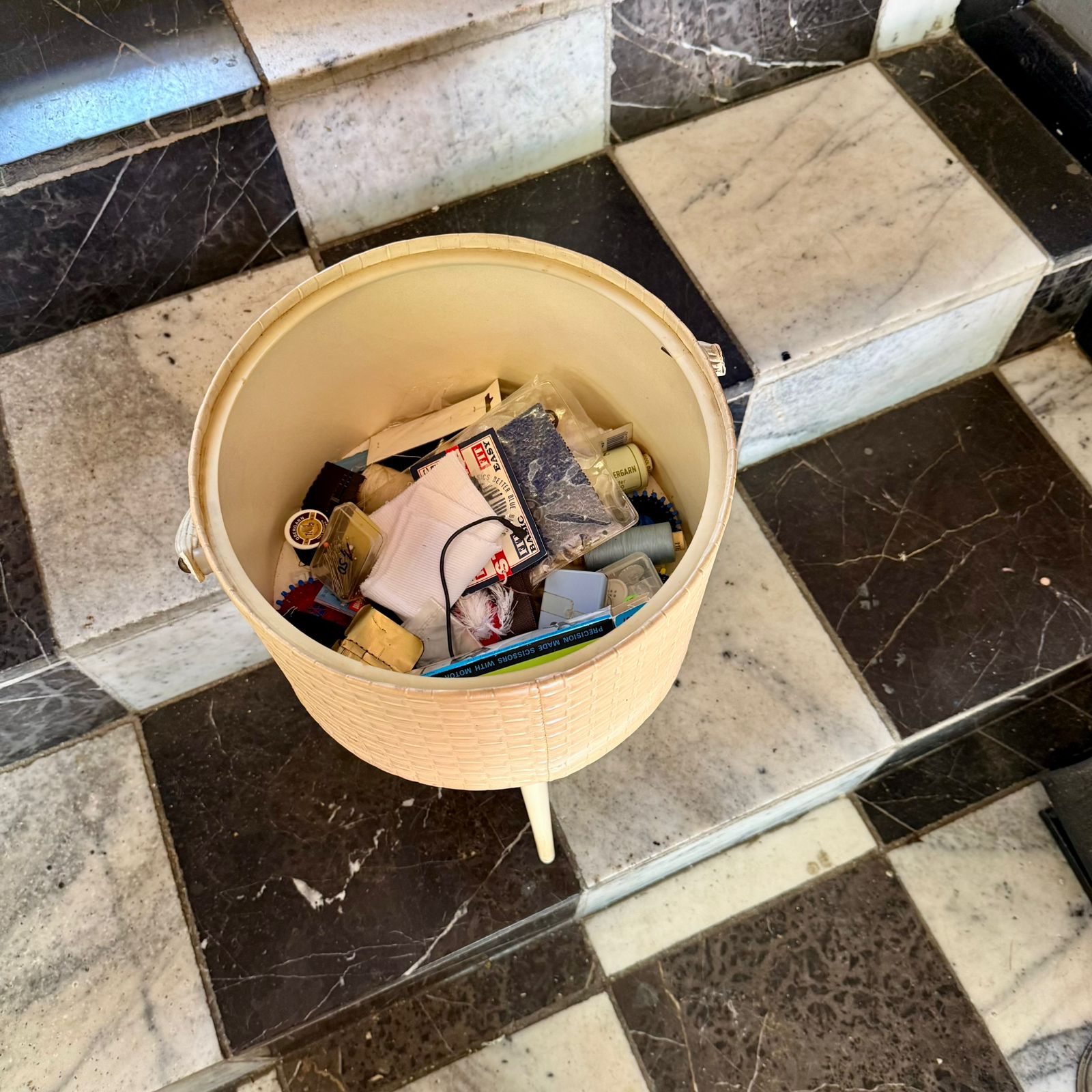 Mid-Century Woven Sewing Box with Red Vinyl Lid, European, c.1960s