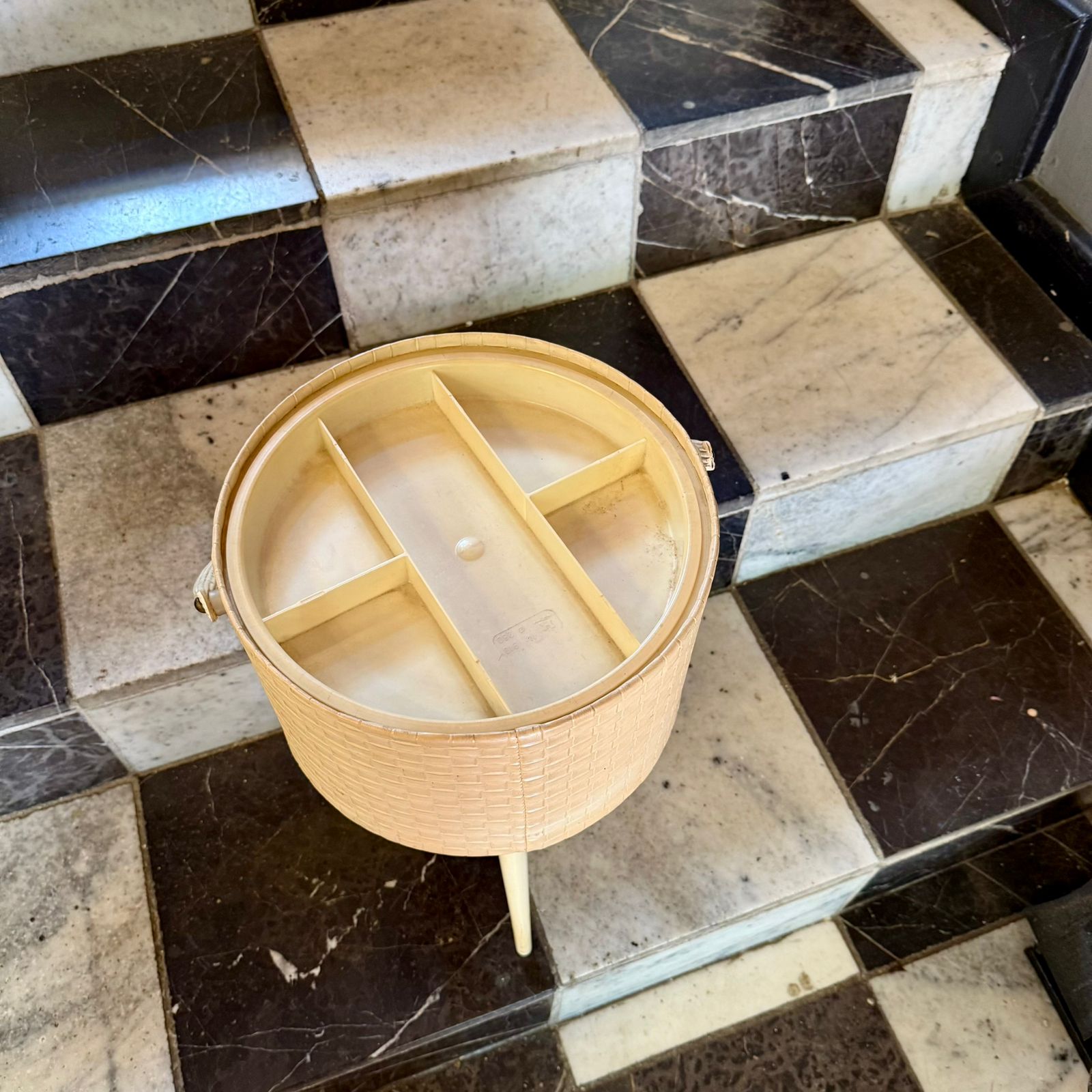 Mid-Century Woven Sewing Box with Red Vinyl Lid, European, c.1960s