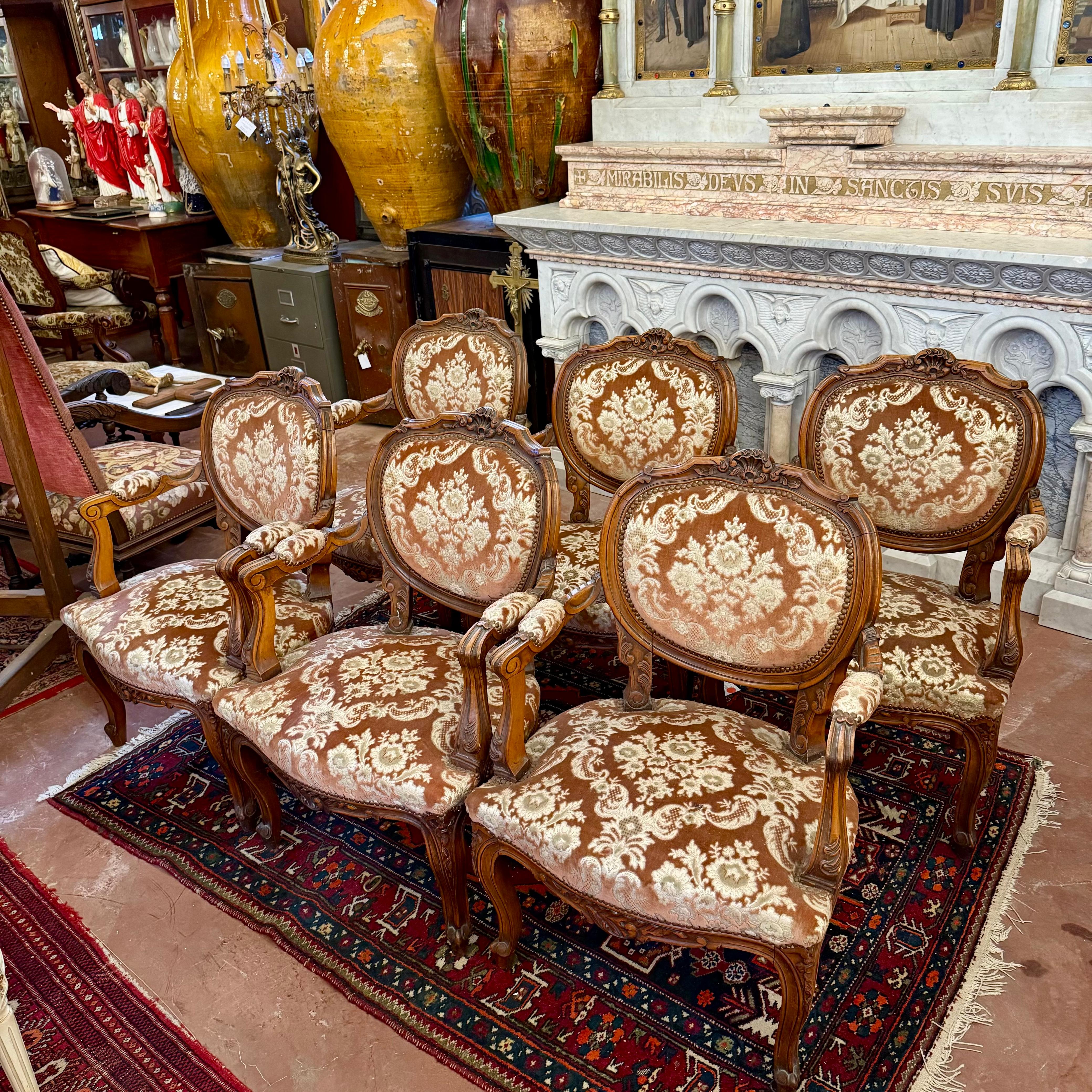Set of Six Louis XV Style Walnut Armchairs, French, Late 19th Century
