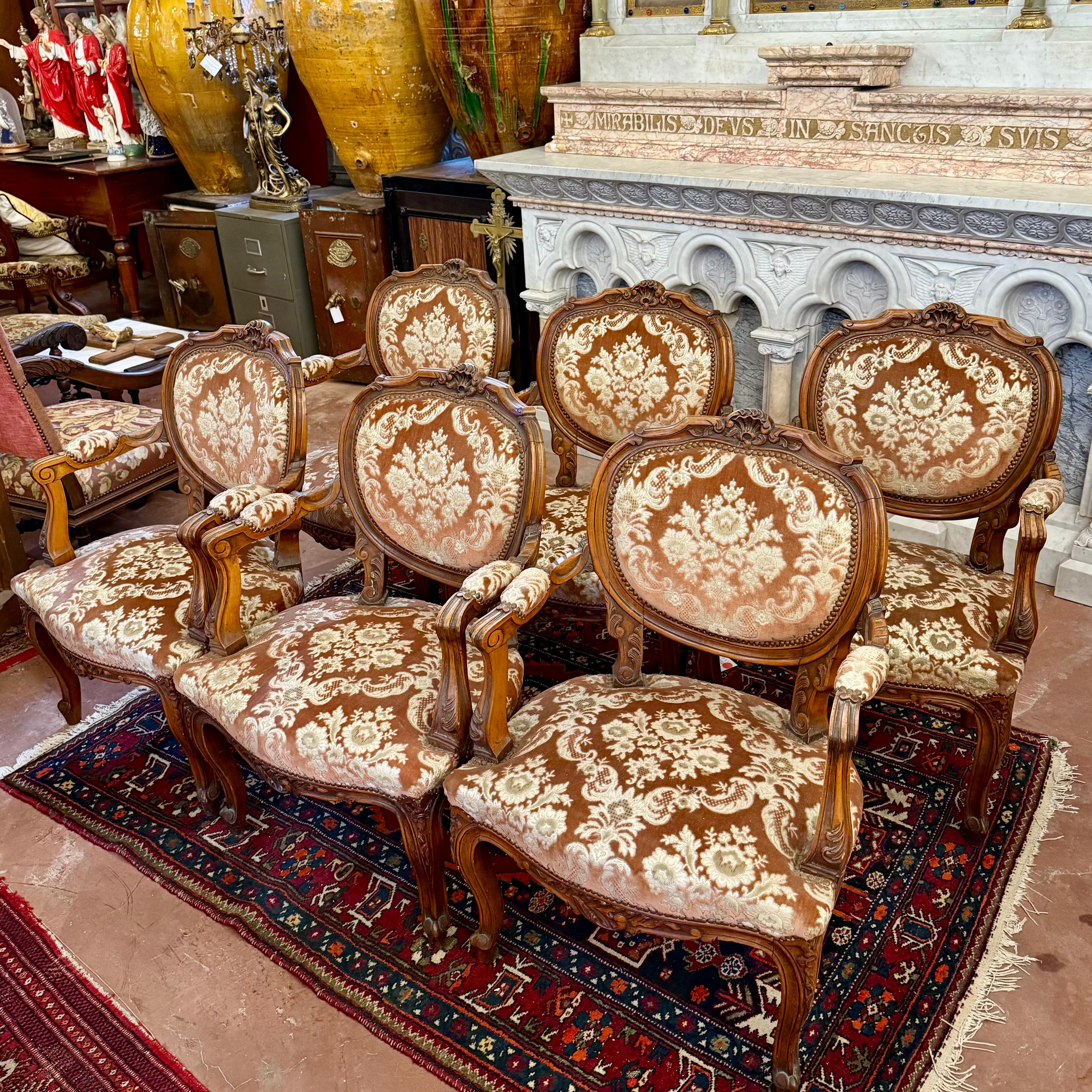 Set of Six Louis XV Style Walnut Armchairs, French, Late 19th Century