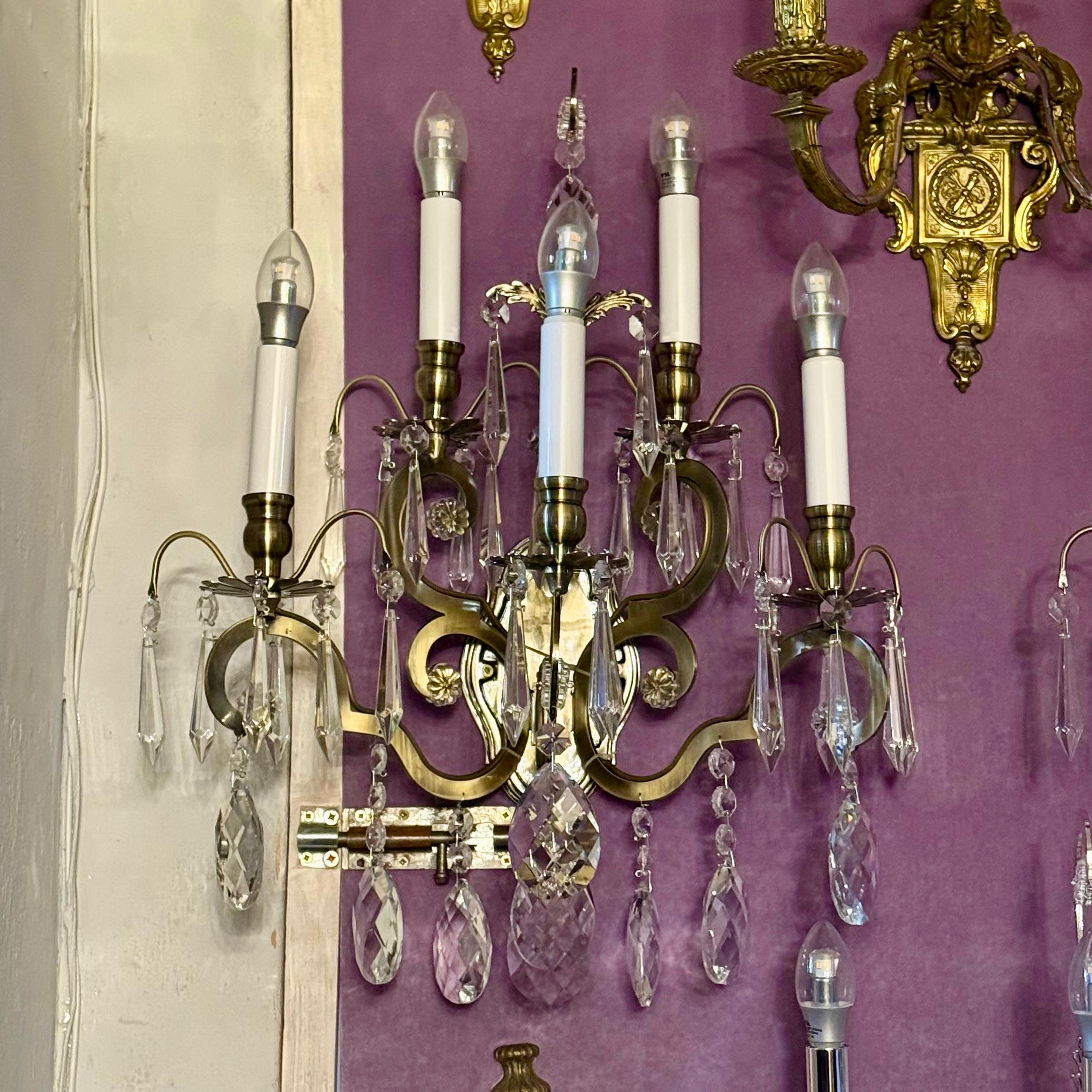 Brass and Crystal 5 Arm Wall Sconce