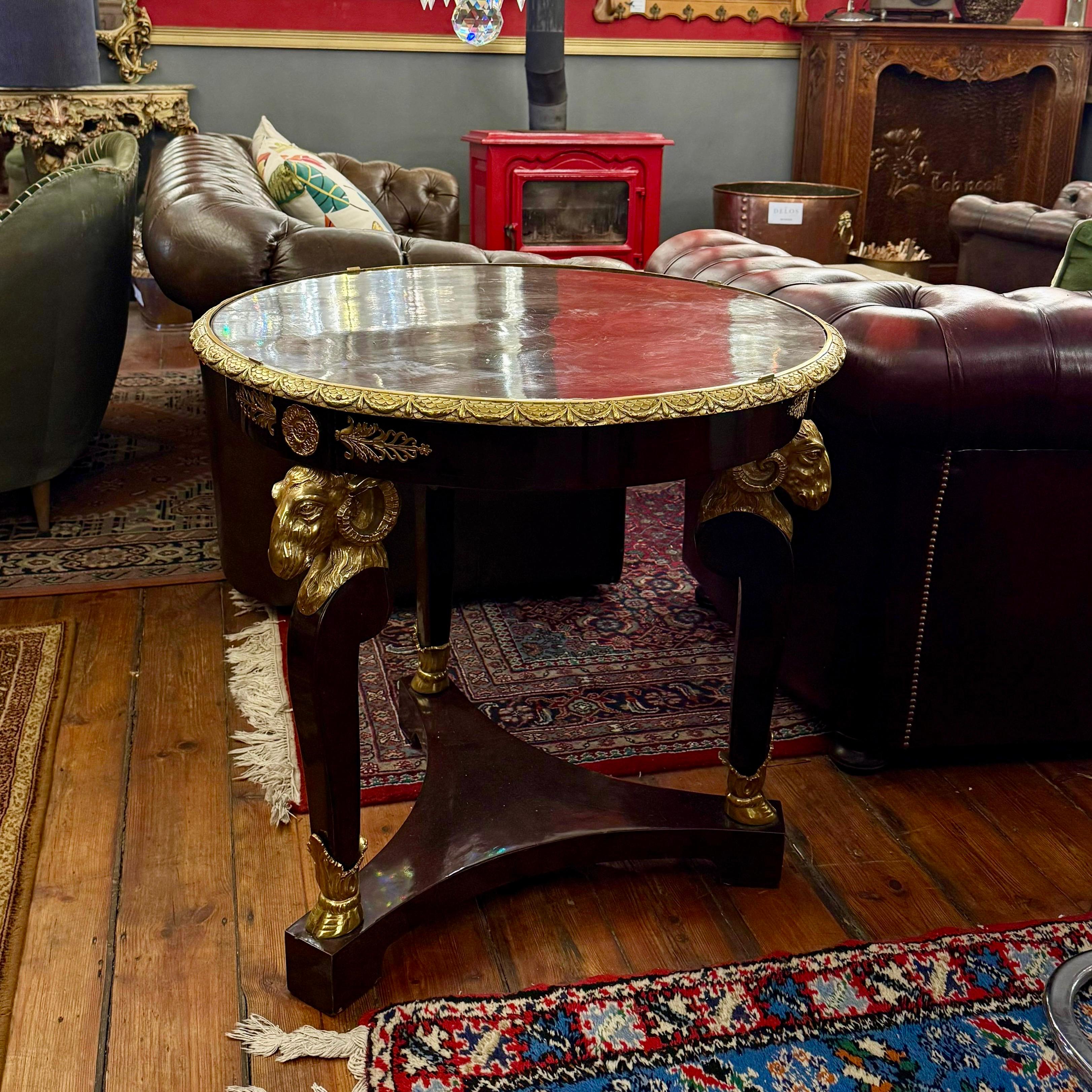 Empire Style Centre Table with Ram’s Head Mounts in Rosewood Veneer, Mid-20th Century