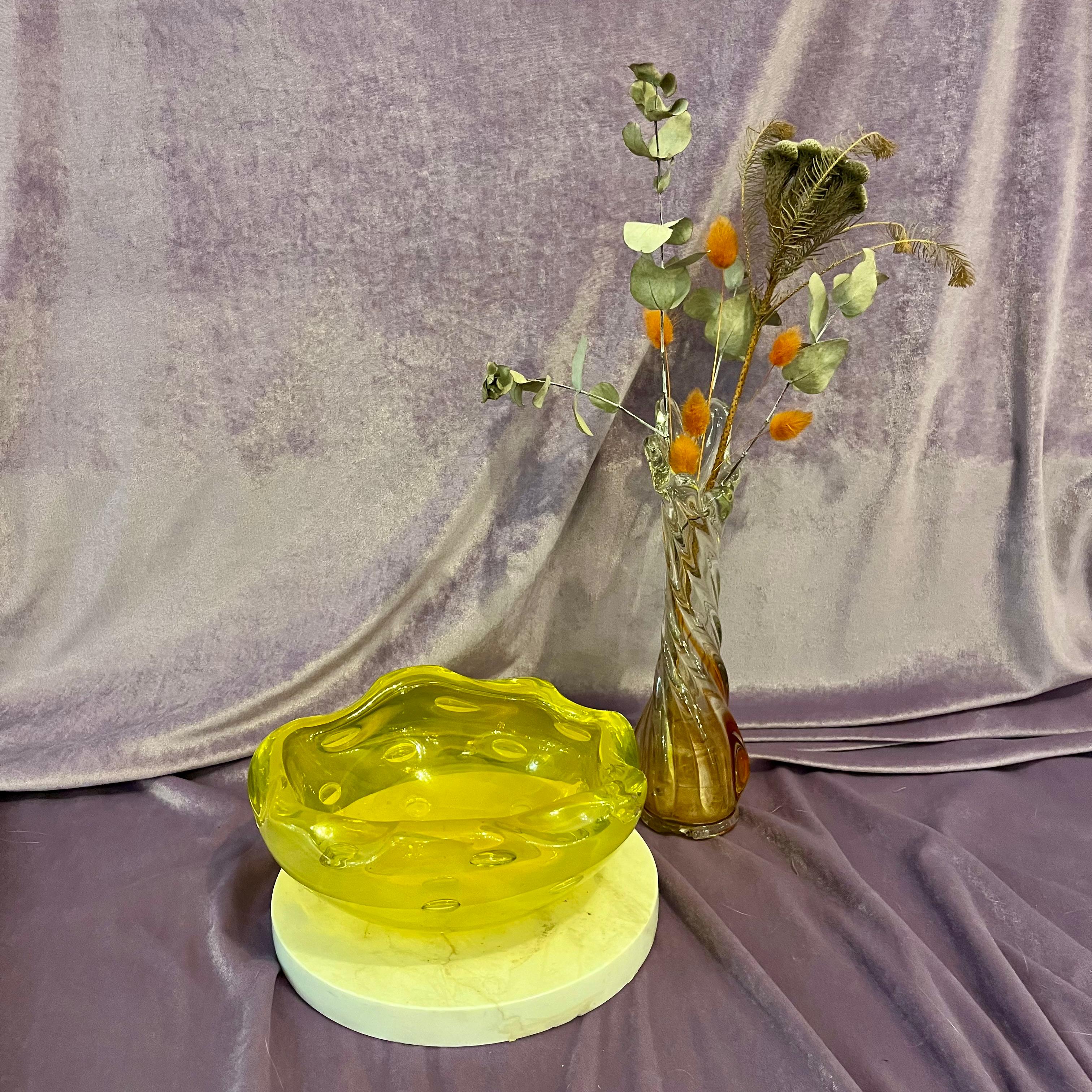 Vintage Murano Ashtray with Controlled Bubbles in Lemon Yellow - SOLD