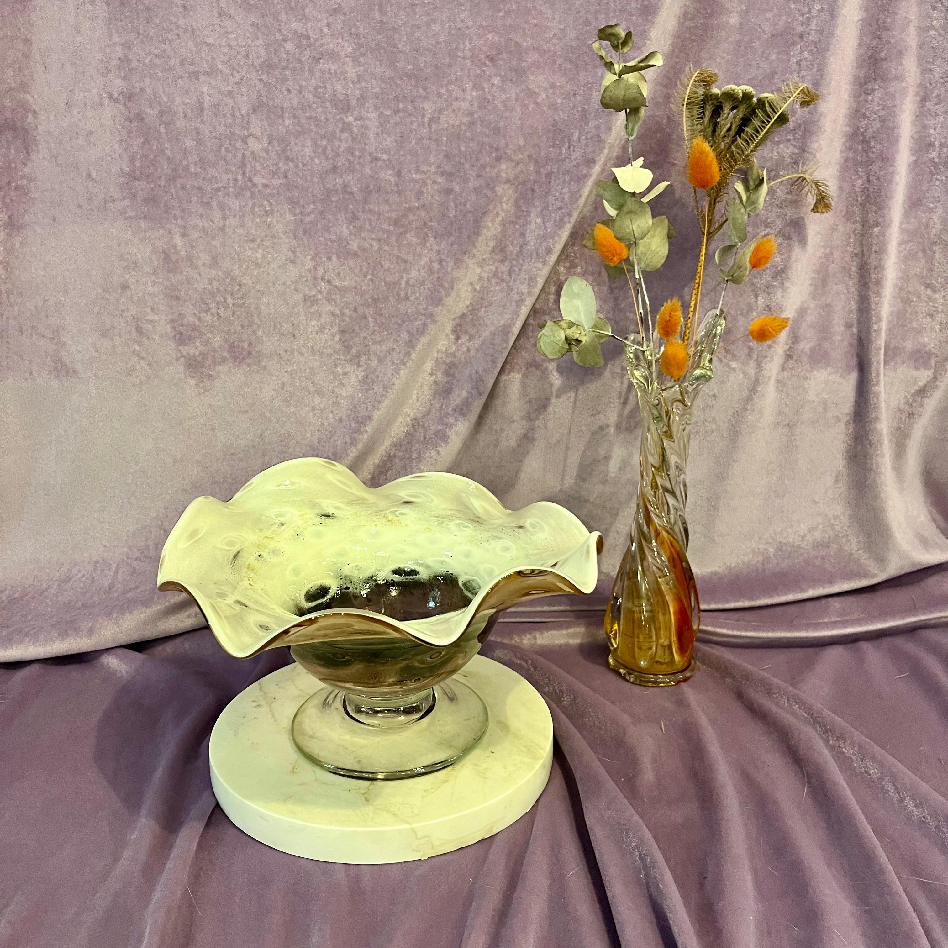 Cream and Caramel Murine Glass Bowl on Marble Base, c. Mid-20th Century - SOLD