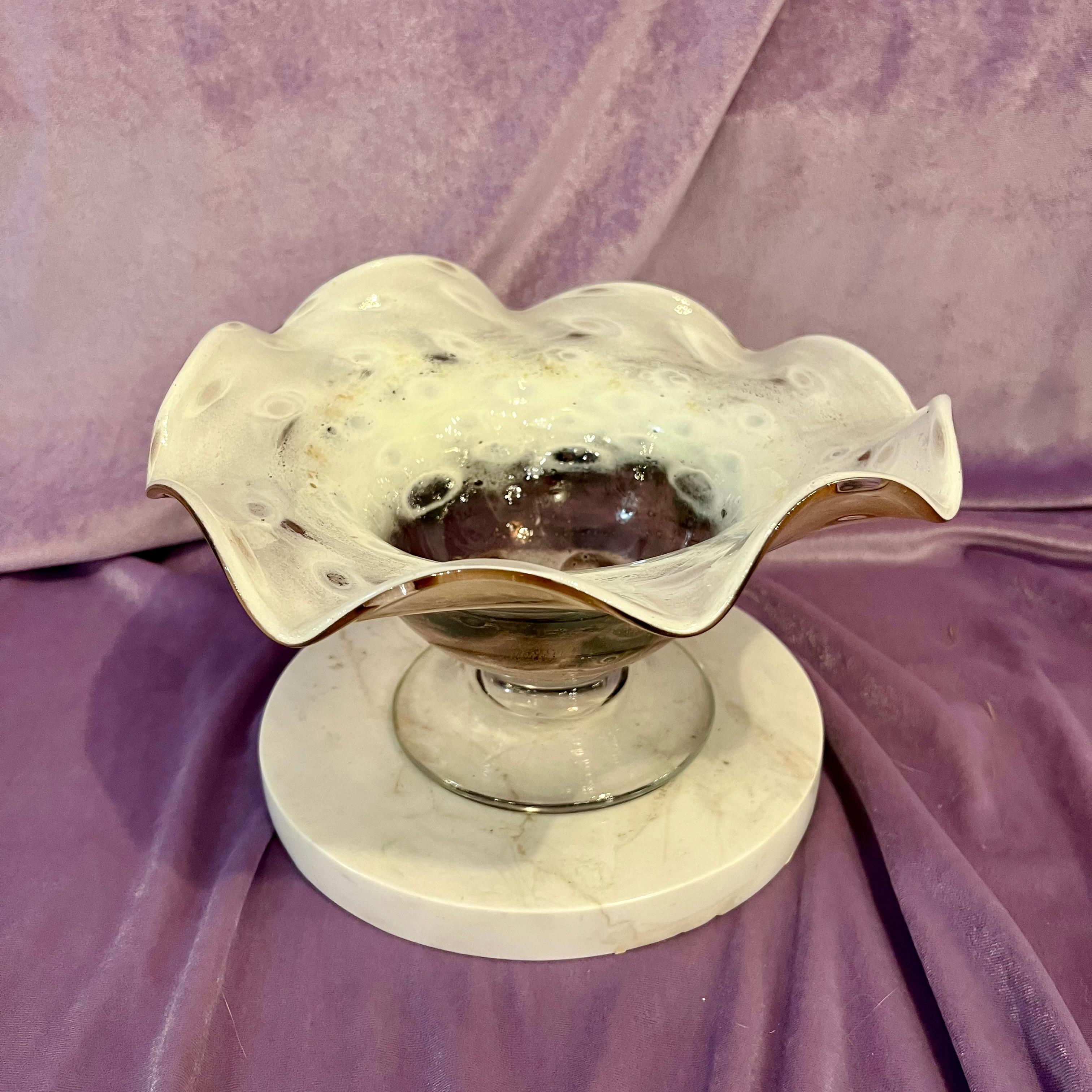 Cream and Caramel Murine Glass Bowl on Marble Base, c. Mid-20th Century - SOLD