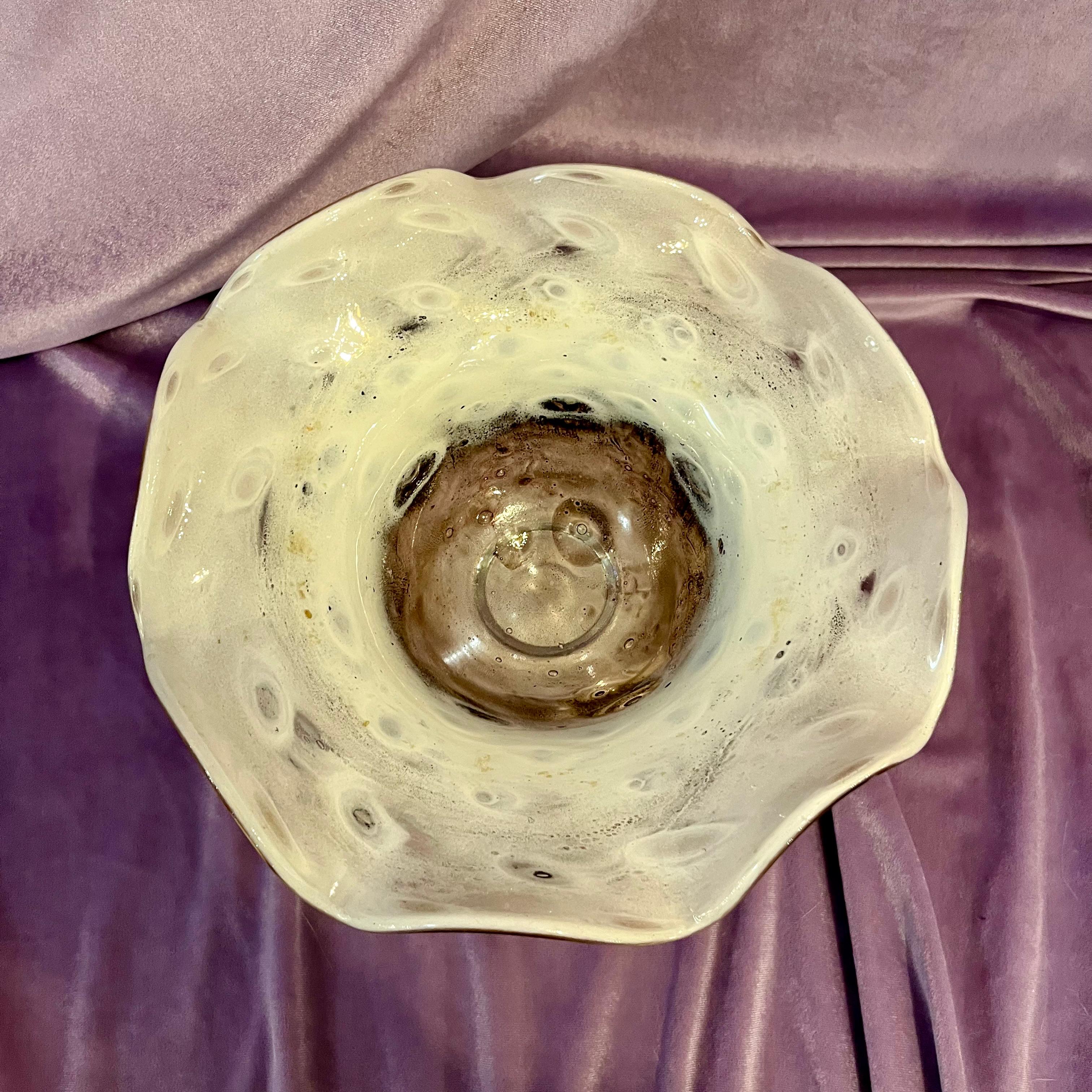 Cream and Caramel Murine Glass Bowl on Marble Base, c. Mid-20th Century - SOLD