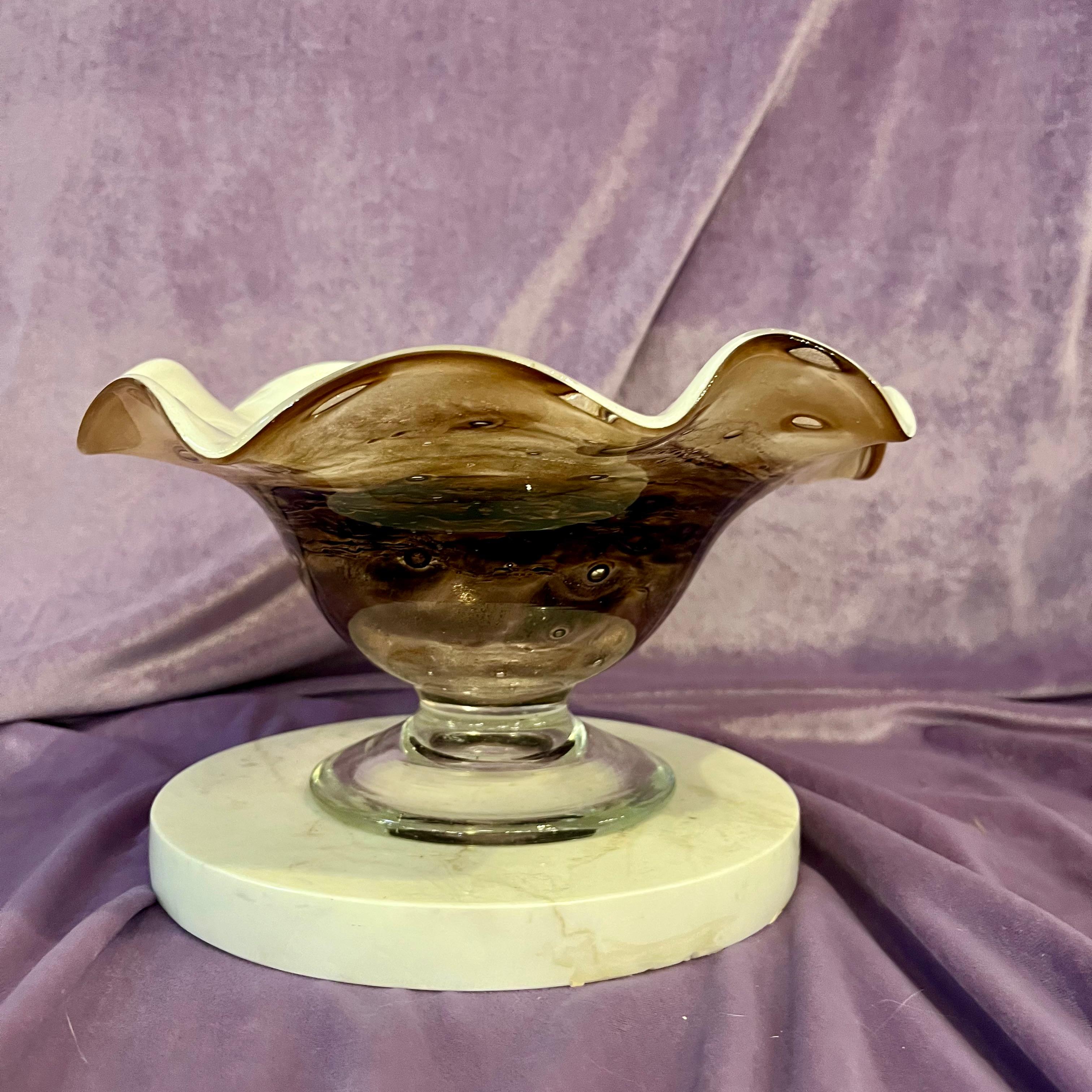 Cream and Caramel Murine Glass Bowl on Marble Base, c. Mid-20th Century - SOLD
