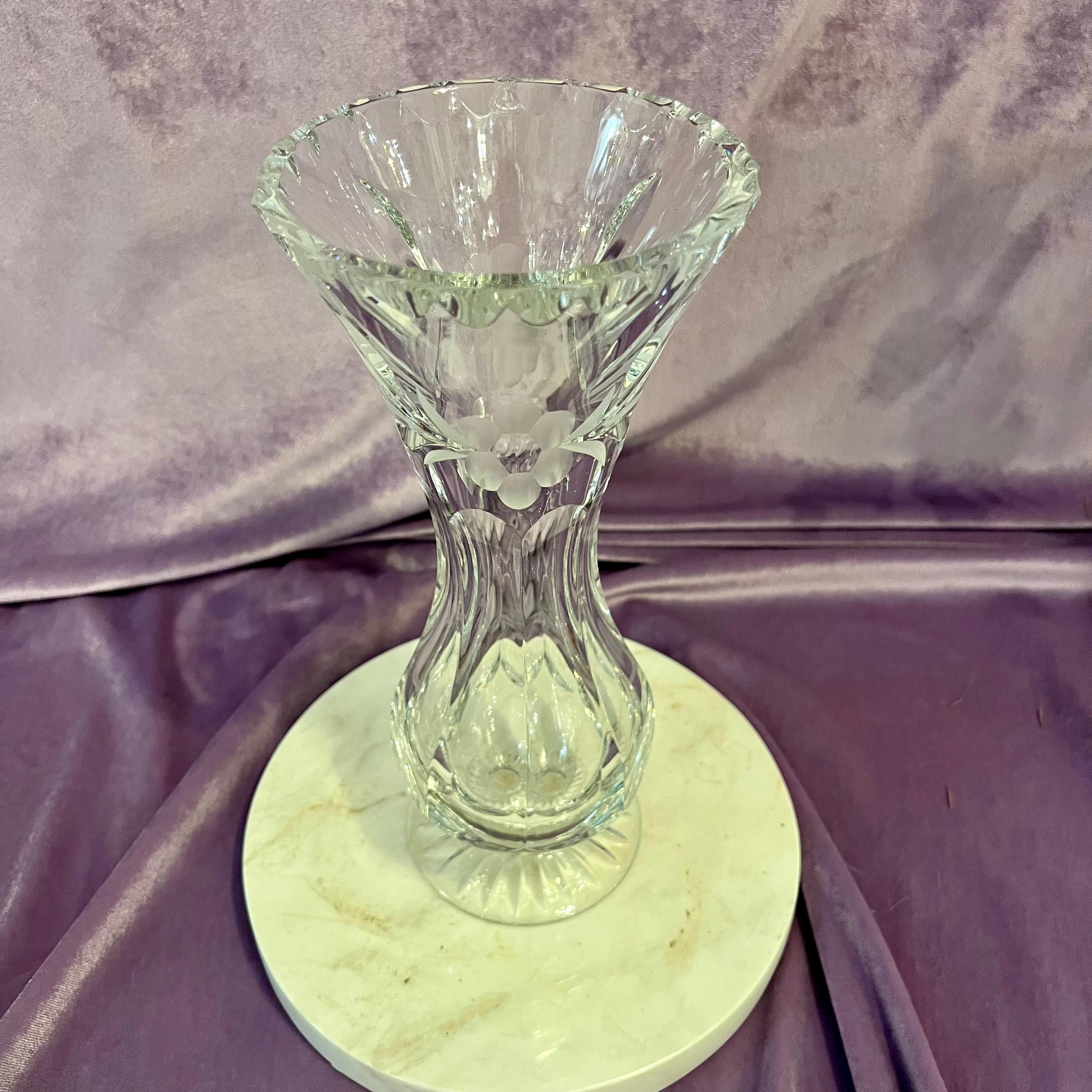 Vintage Cut Crystal Vase with Etched Floral Design