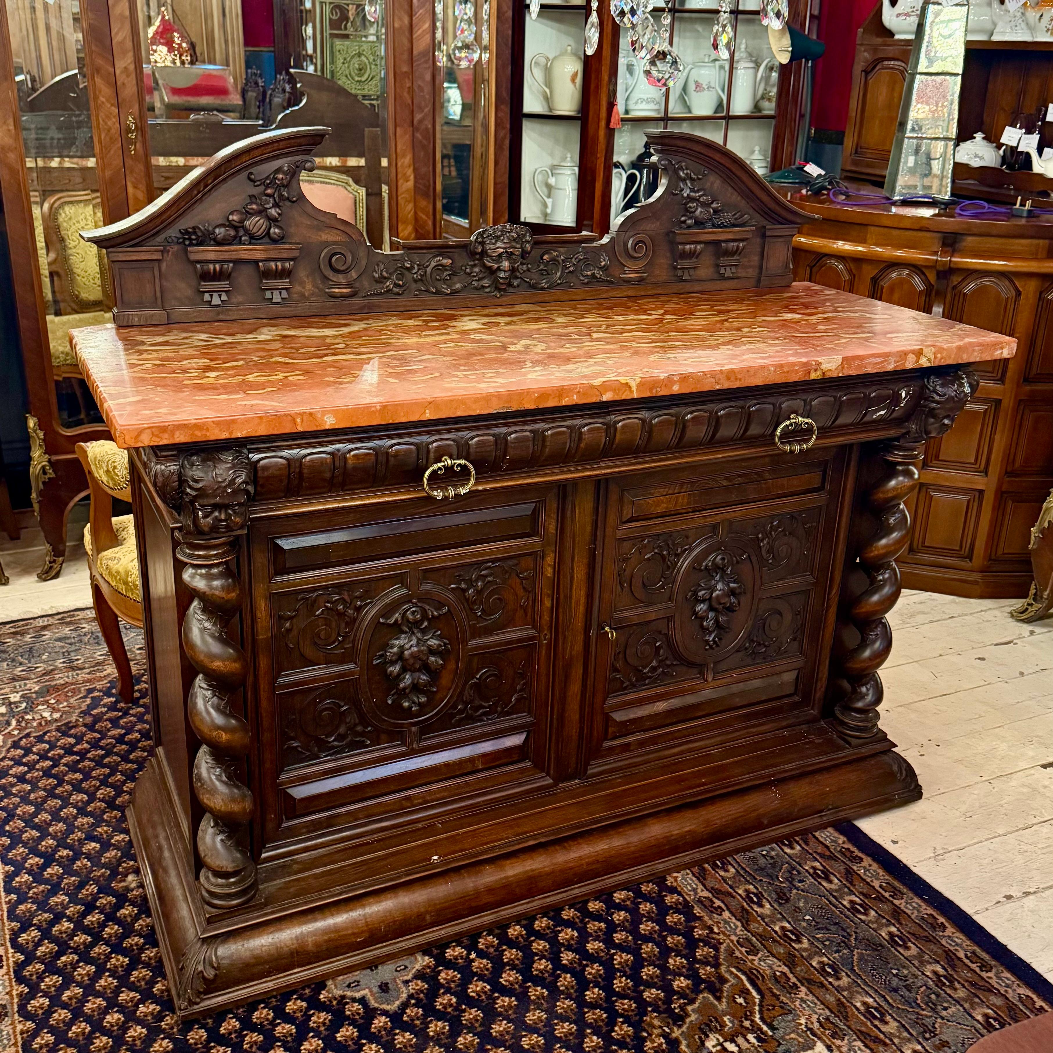 Large Walnut and Marble-Top Buffet with Carved Detail, c. Late 19th Century