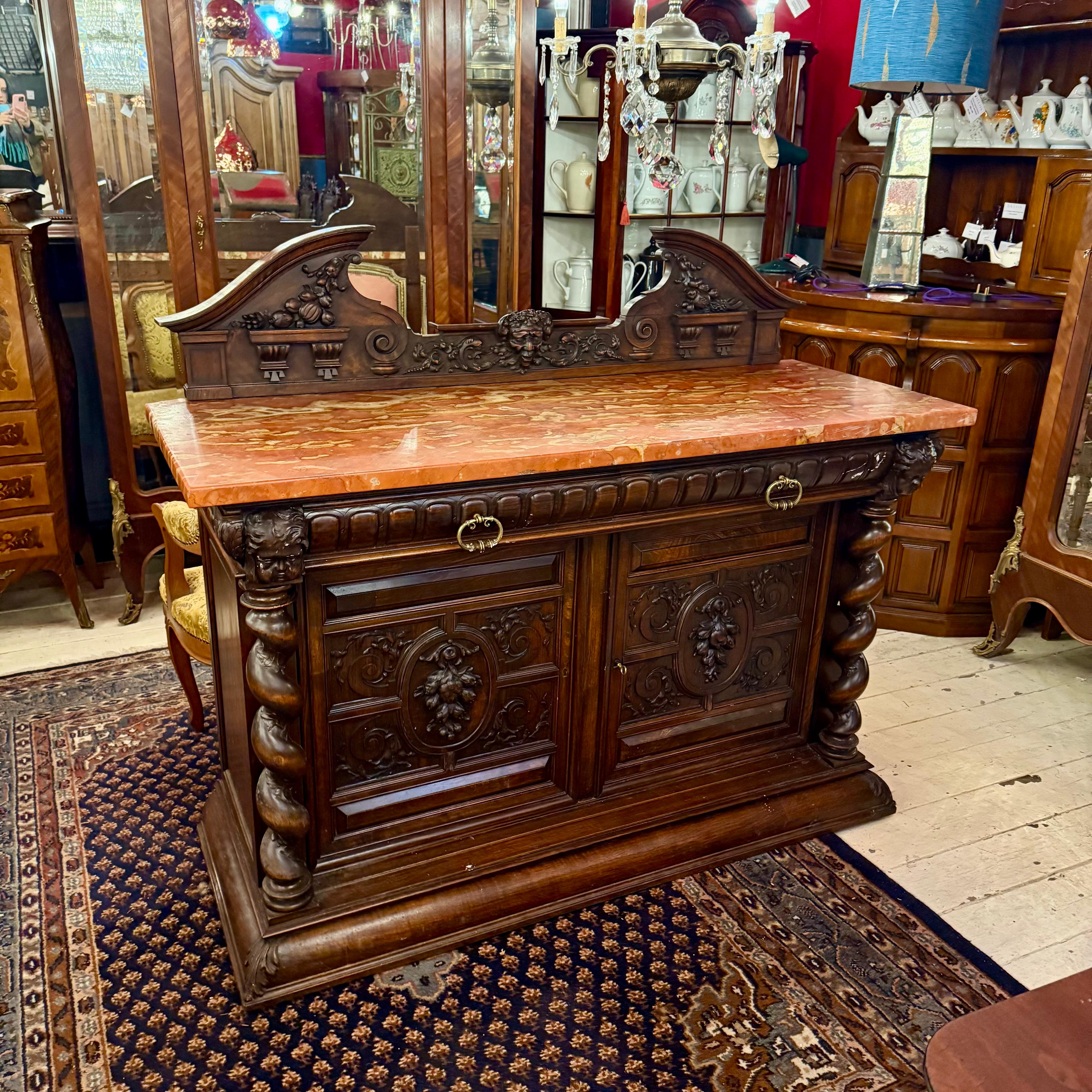 Large Walnut and Marble-Top Buffet with Carved Detail, c. Late 19th Century