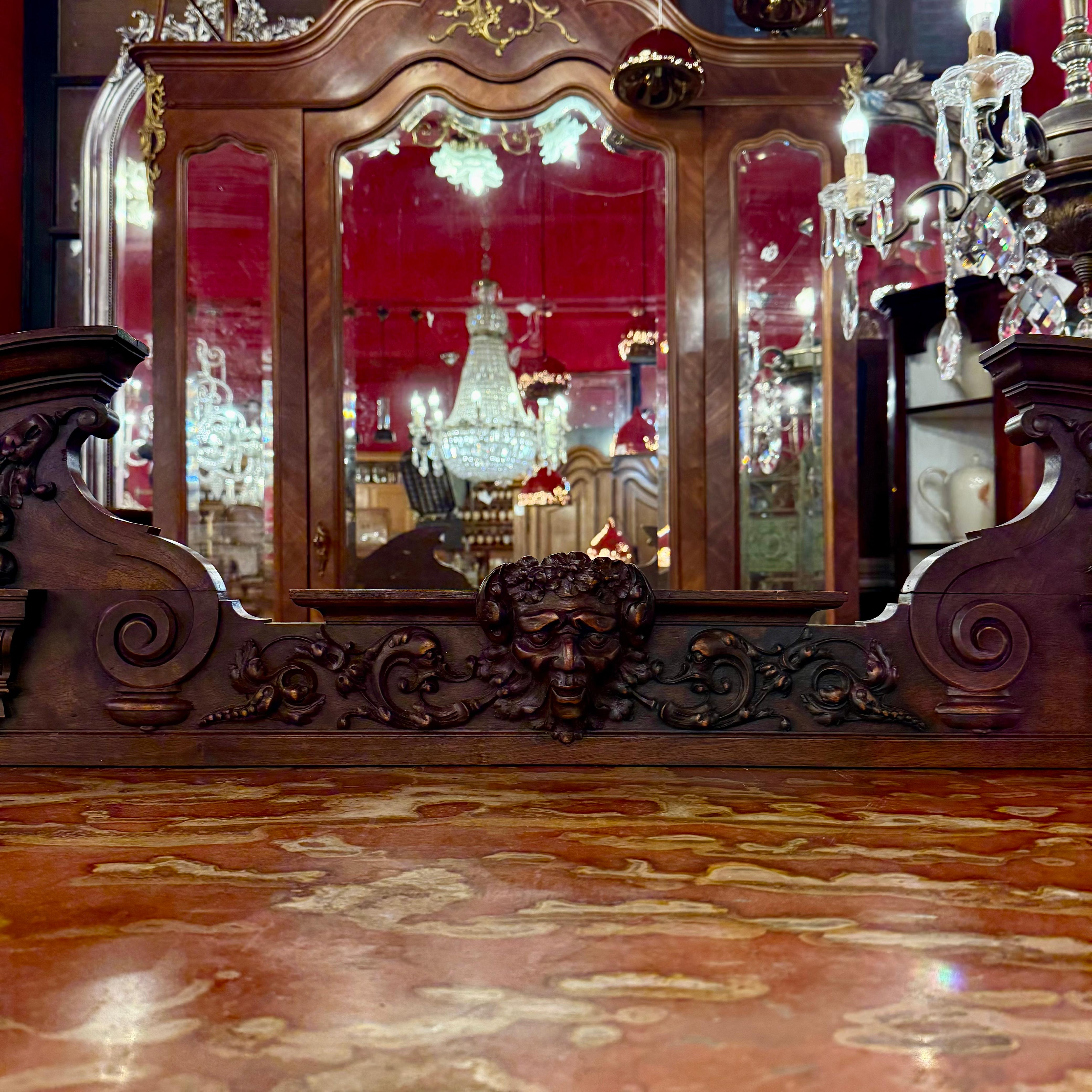 Large Walnut and Marble-Top Buffet with Carved Detail, c. Late 19th Century