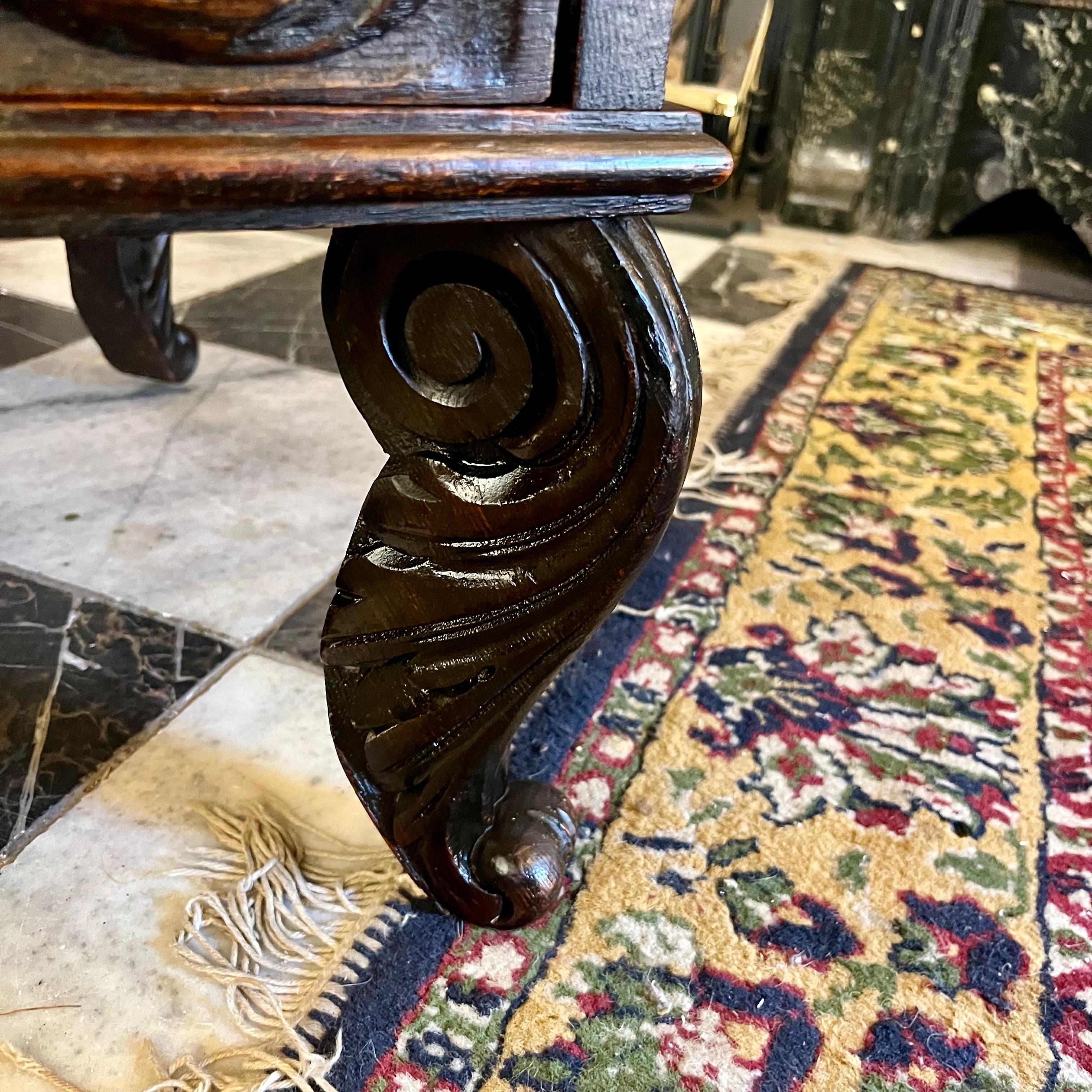 Antique Breton Dark Oak Pedestal with Drawer and White Marble Top