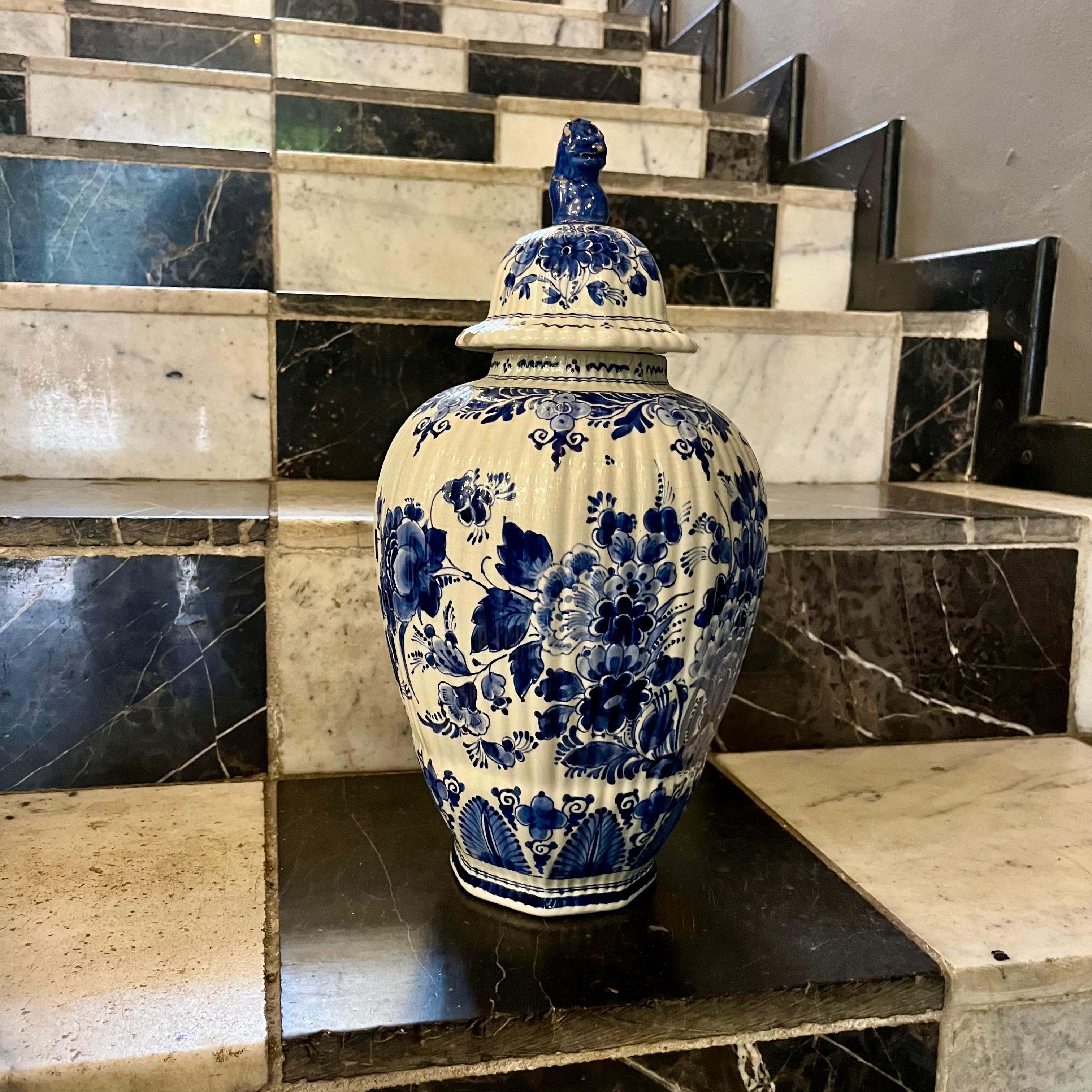 Ribbed Delft Blue & White Lidded Vase, Holland, 20th Century - SOLD