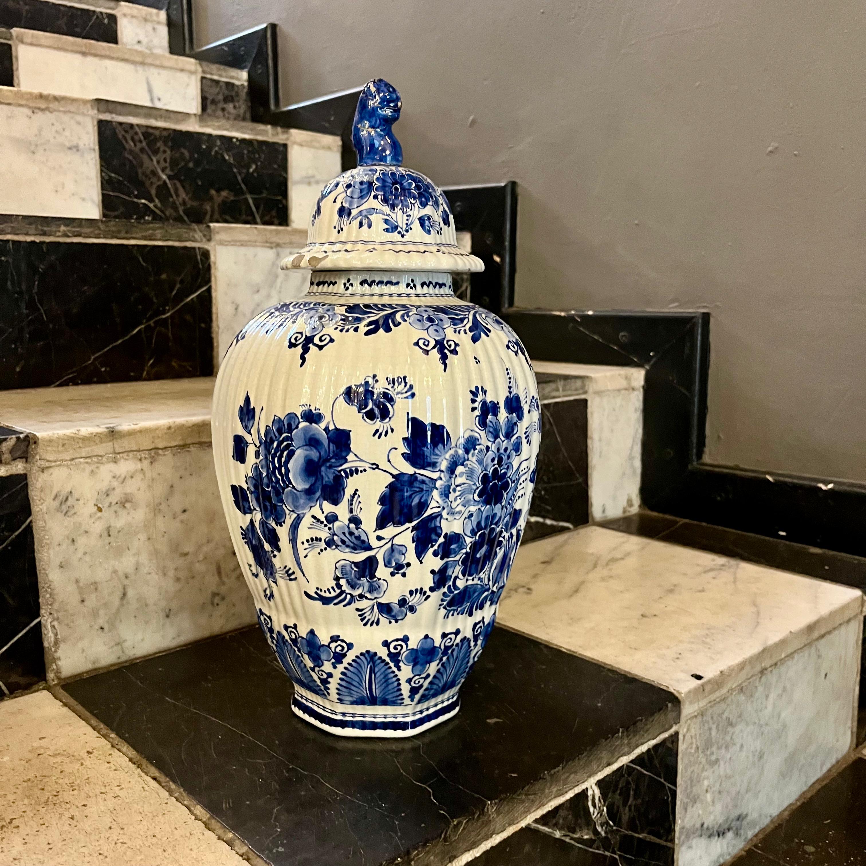 Ribbed Delft Blue & White Lidded Vase, Holland, 20th Century - SOLD