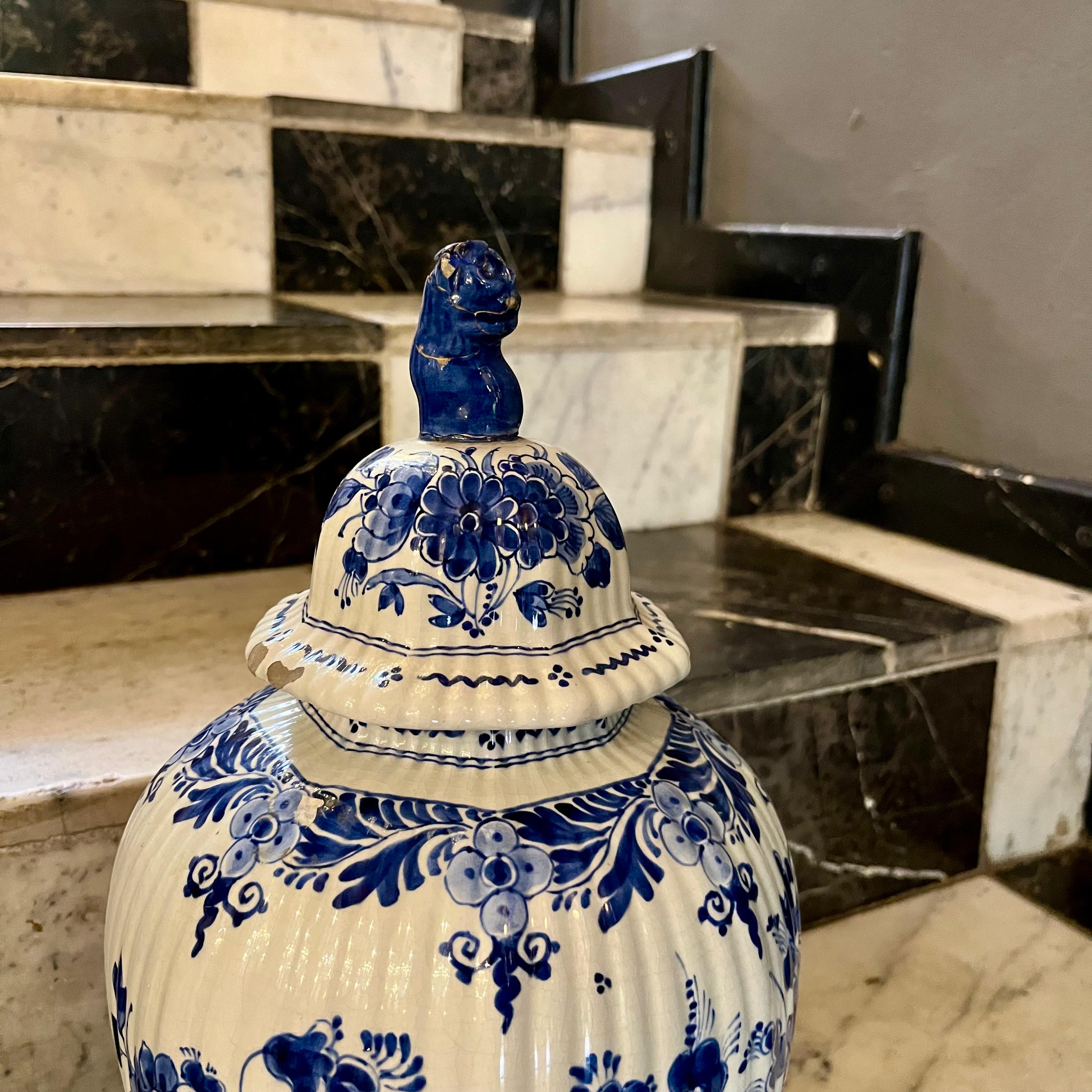 Ribbed Delft Blue & White Lidded Vase, Holland, 20th Century - SOLD