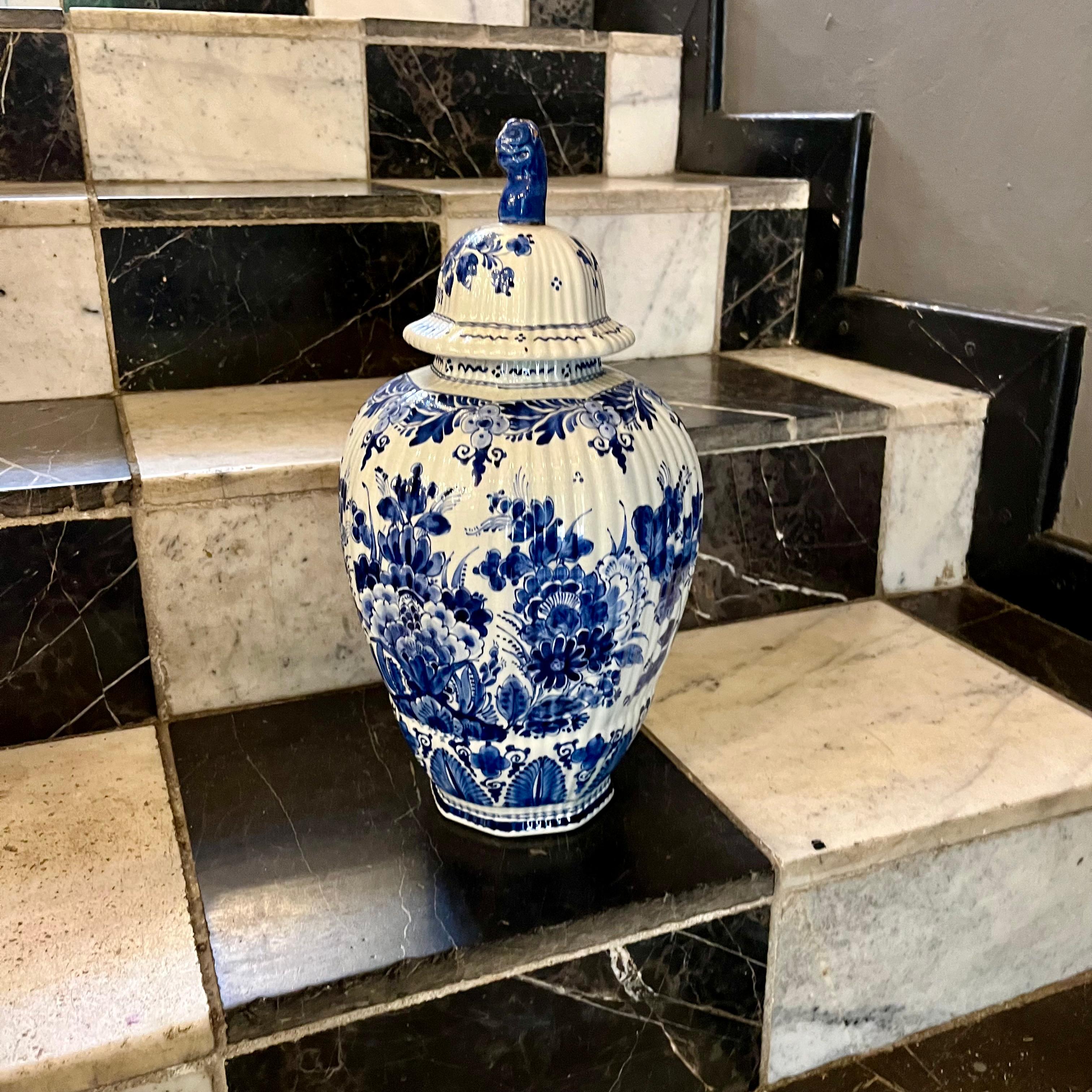Ribbed Delft Blue & White Lidded Vase, Holland, 20th Century - SOLD